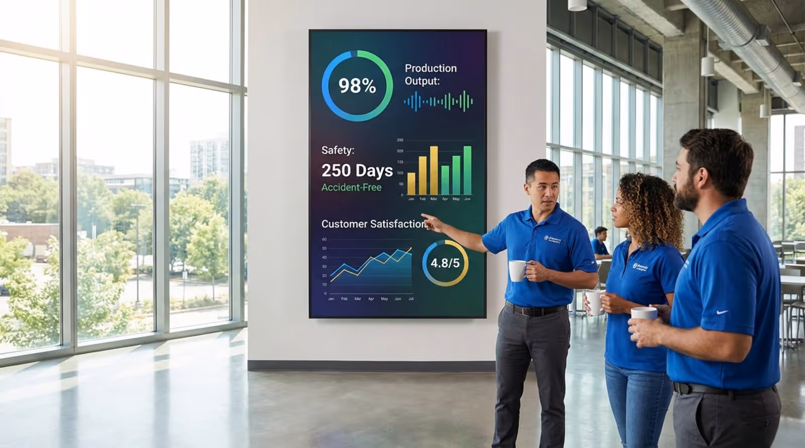 A digital screen in a cafeteria displaying real-time production and safety metrics with employees observing.