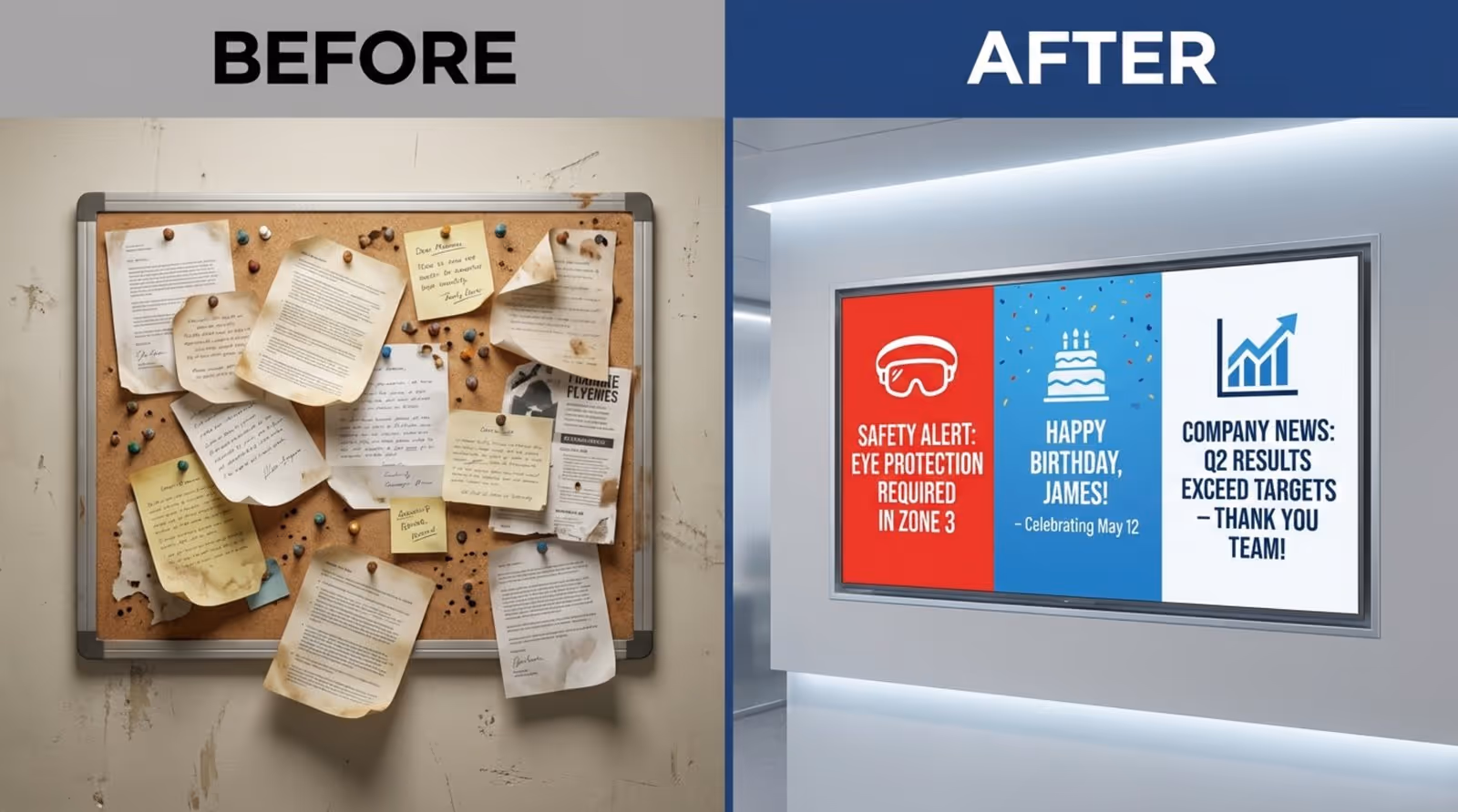 A comparison of a cluttered noticeboard and a sleek digital screen showing organized updates and announcements