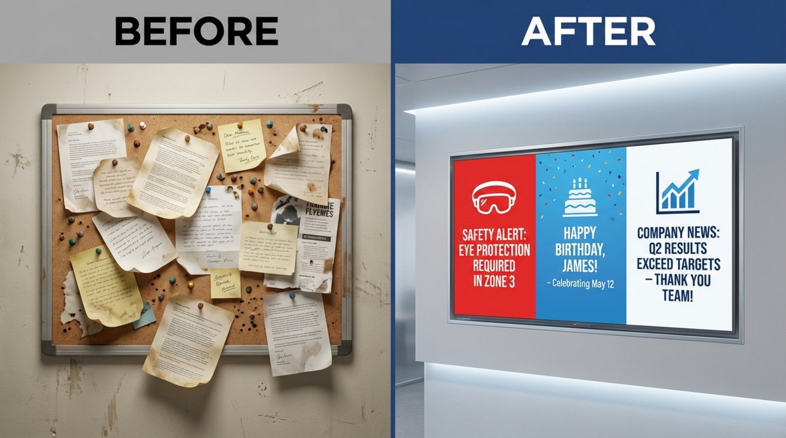 A comparison of a cluttered noticeboard and a sleek digital screen showing organized updates and announcements