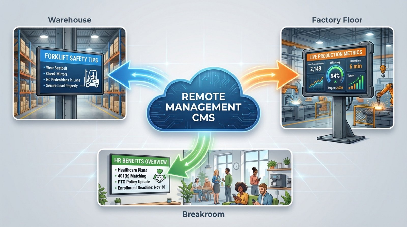 Diagram showing targeted messaging from remote management system to warehouse, breakroom, and factory floor displays.