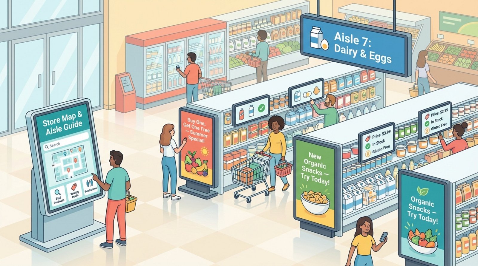 An infographic illustrating various digital signage types in a grocery store including an interactive kiosk, promotional end cap display, hanging aisle sign, and shelf-edge screens with prices.