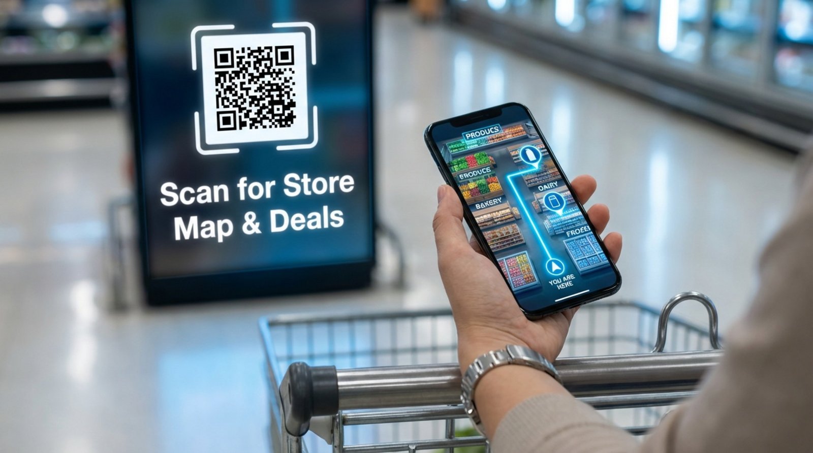 Close-up of a hand holding a smartphone displaying a grocery store map with navigation route.