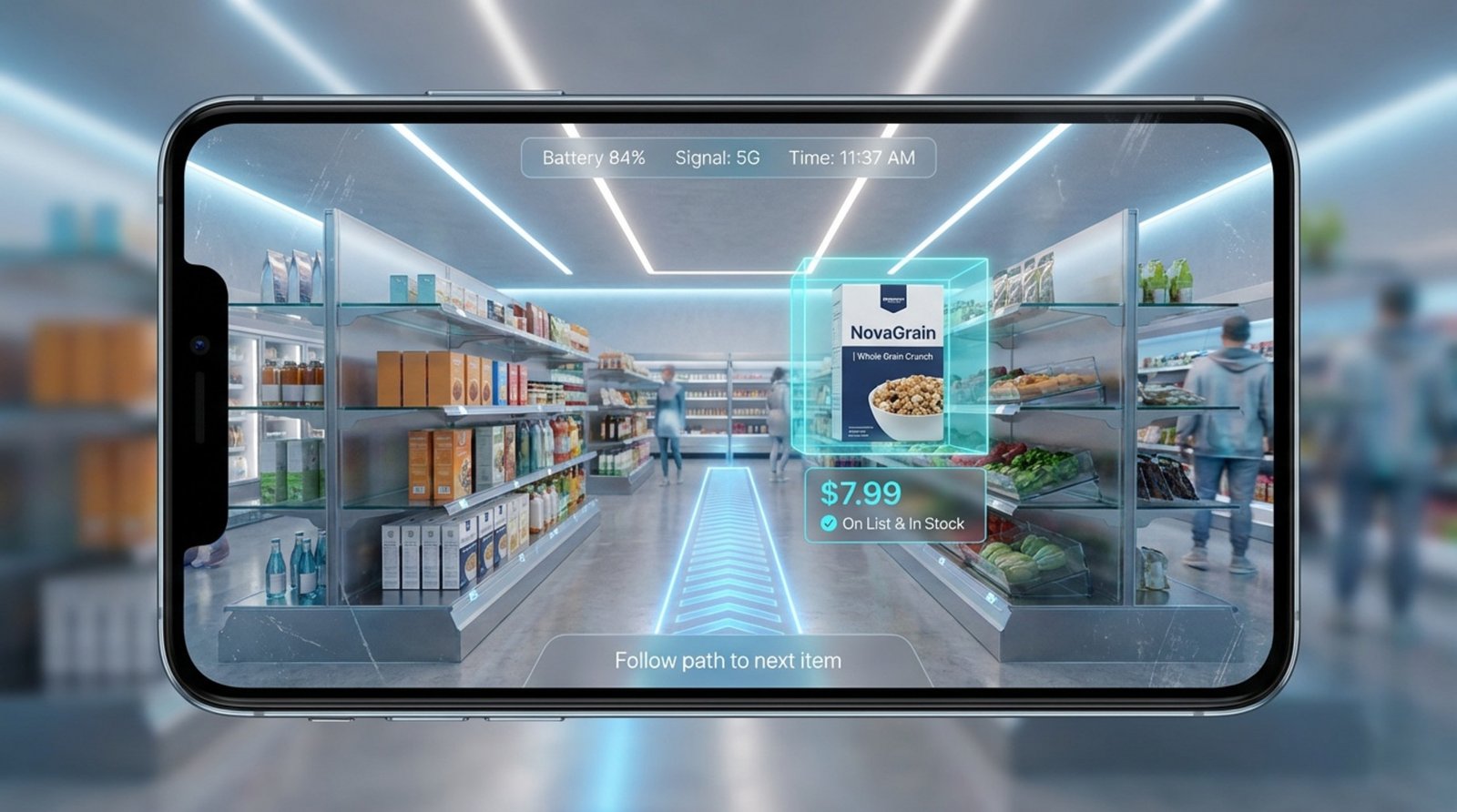 First-person view of a smartphone screen showing a grocery aisle with augmented reality graphics highlighting a product with a glowing blue path and virtual labels.