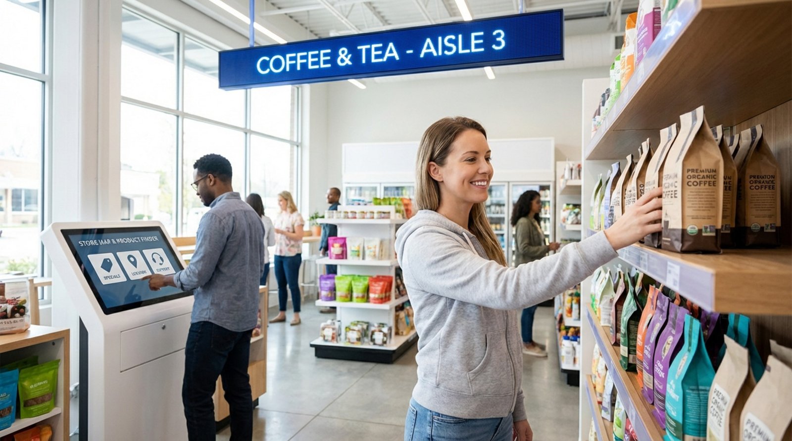 A shopper finds a product easily with digital guidance in a modern store, showcasing a positive shopping experience.