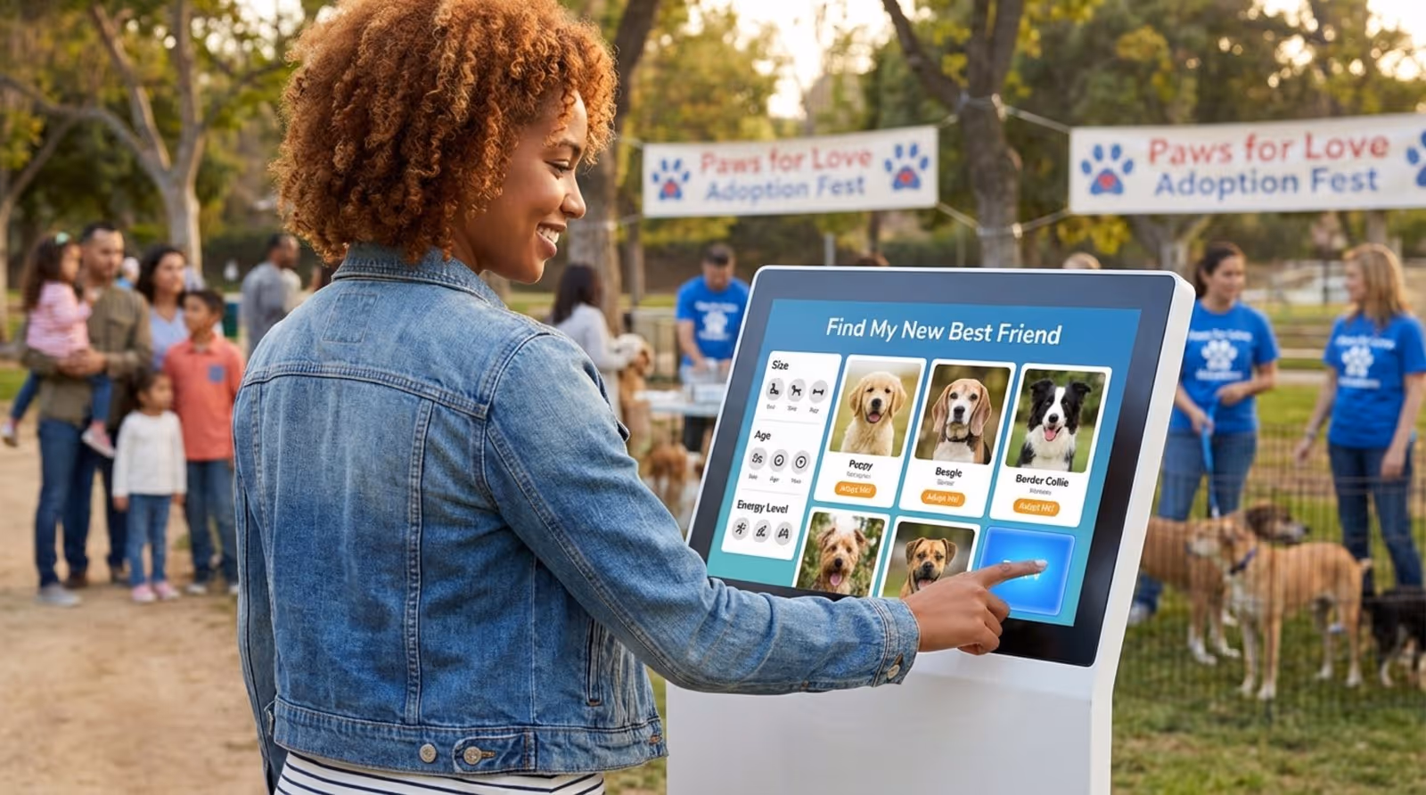 A woman interacts with a touchscreen kiosk at a pet adoption event to find a new dog.