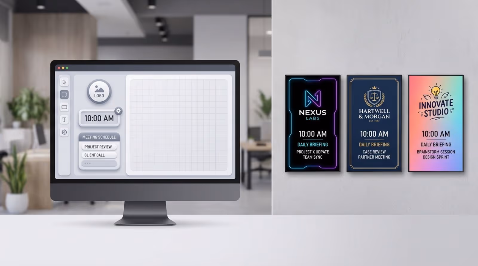Illustration of a computer monitor displaying a layout builder for digital signage customization with drag-and-drop elements, alongside examples of branded meeting room screens for different companies.