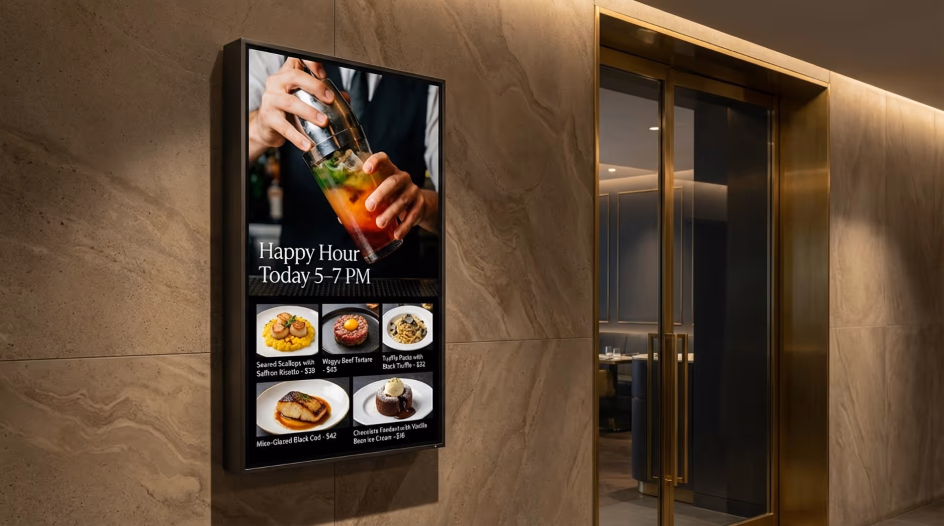 Close-up of a digital menu board displaying happy hour and dinner specials at a stylish hotel restaurant entrance.
