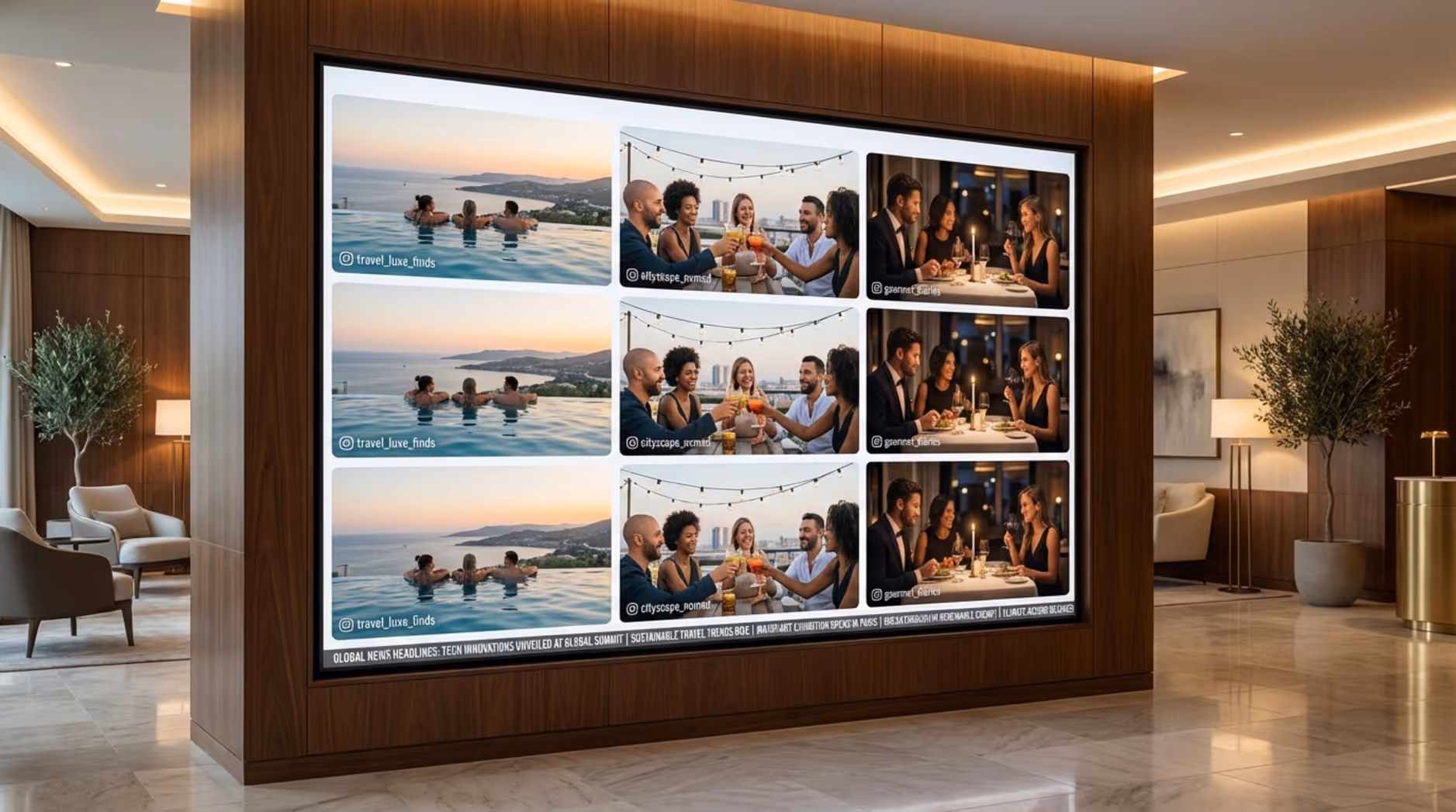 A digital screen in a hotel lobby displaying a live social media feed with guest photos and a news ticker, creating an engaging and modern atmosphere.