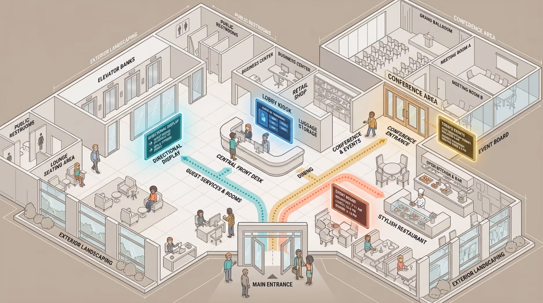 A professional infographic illustrating a hotel's ground floor plan with digital wayfinding icons and guest flow paths.