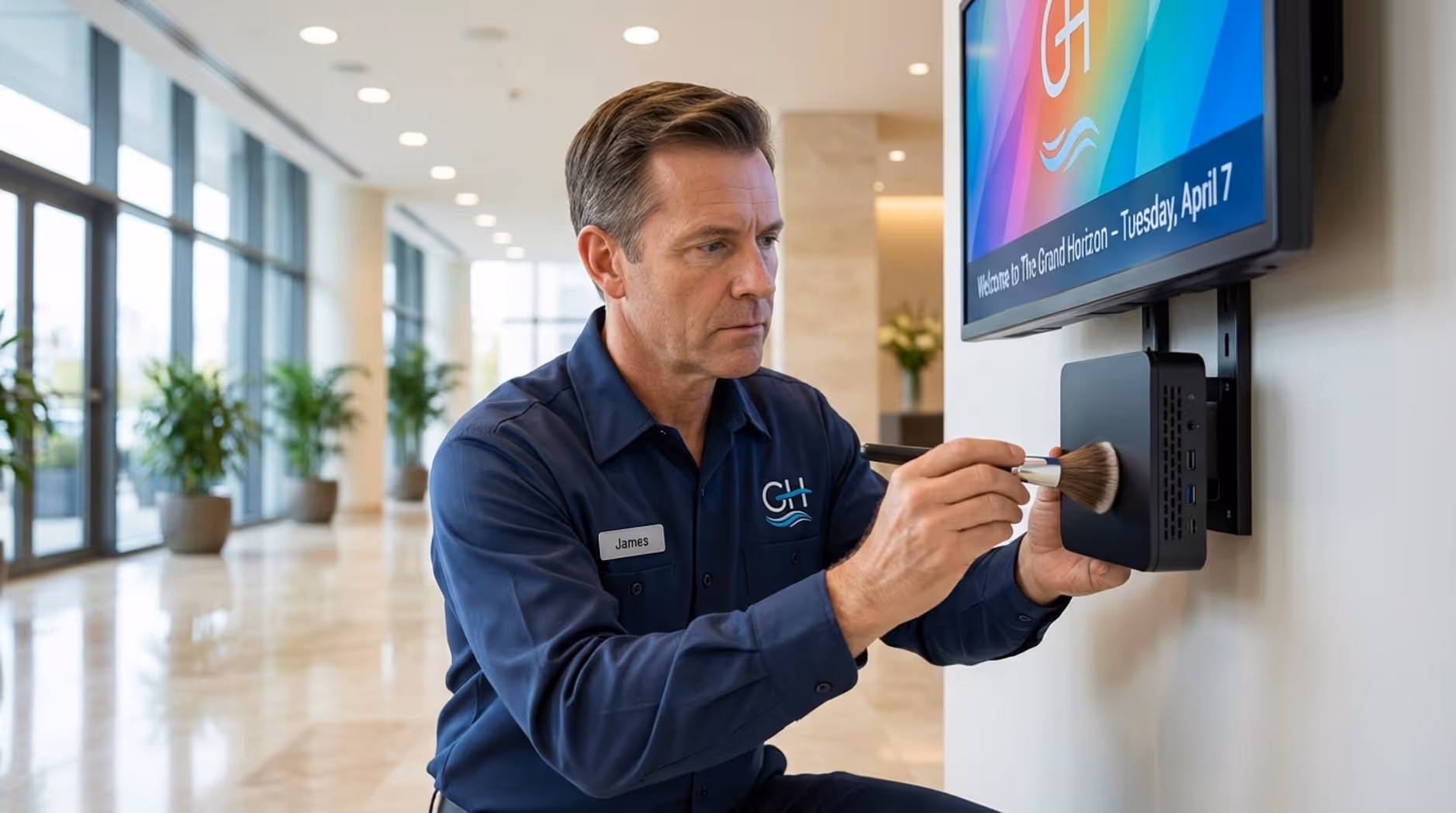 A facilities manager in uniform performs maintenance on a digital signage display, emphasizing system upkeep and professionalism.