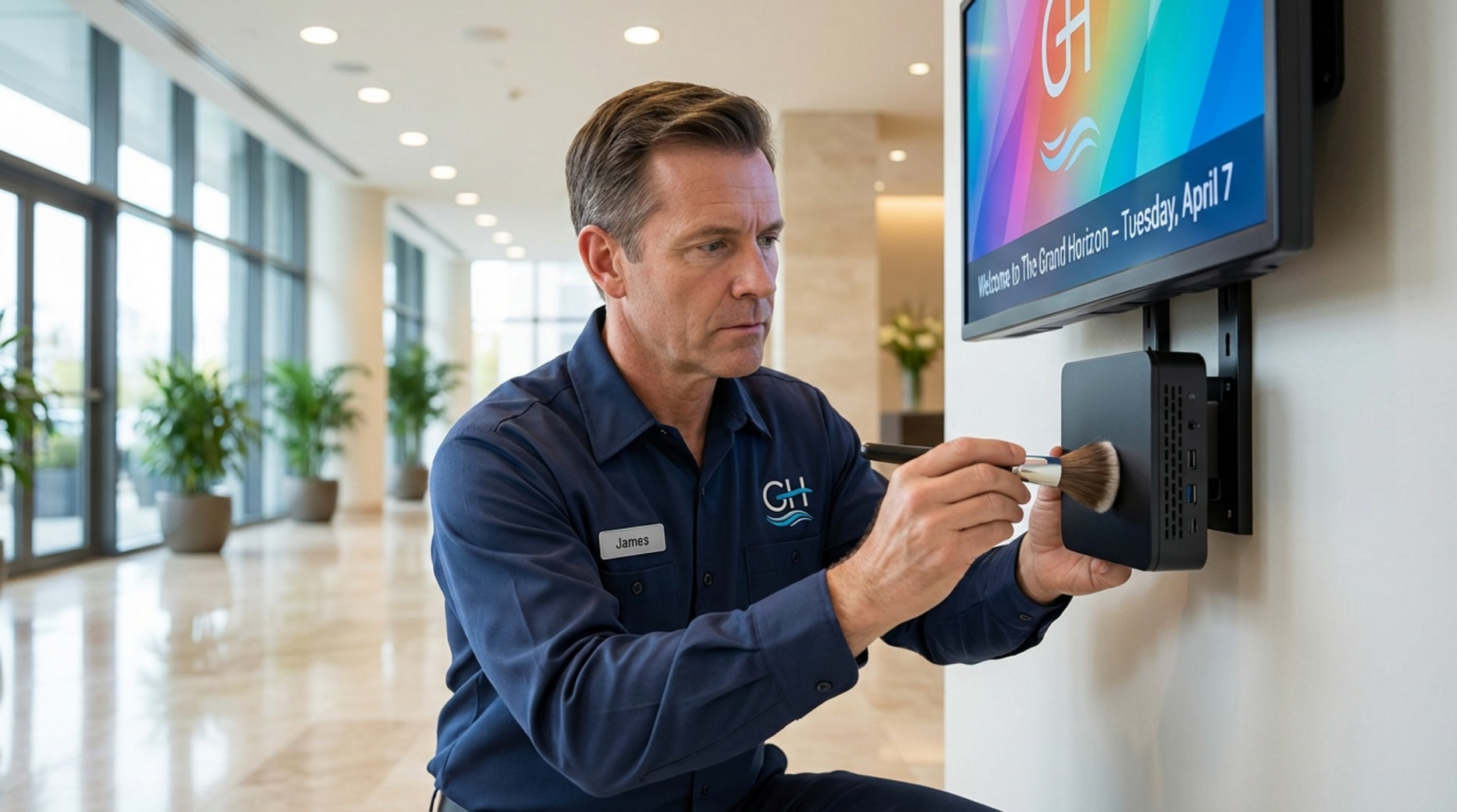 A facilities manager in uniform performs maintenance on a digital signage display, emphasizing system upkeep and professionalism.