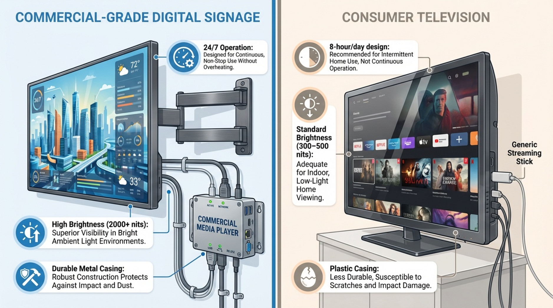 Diagram comparing commercial-grade digital signage display with consumer television highlighting features and durability