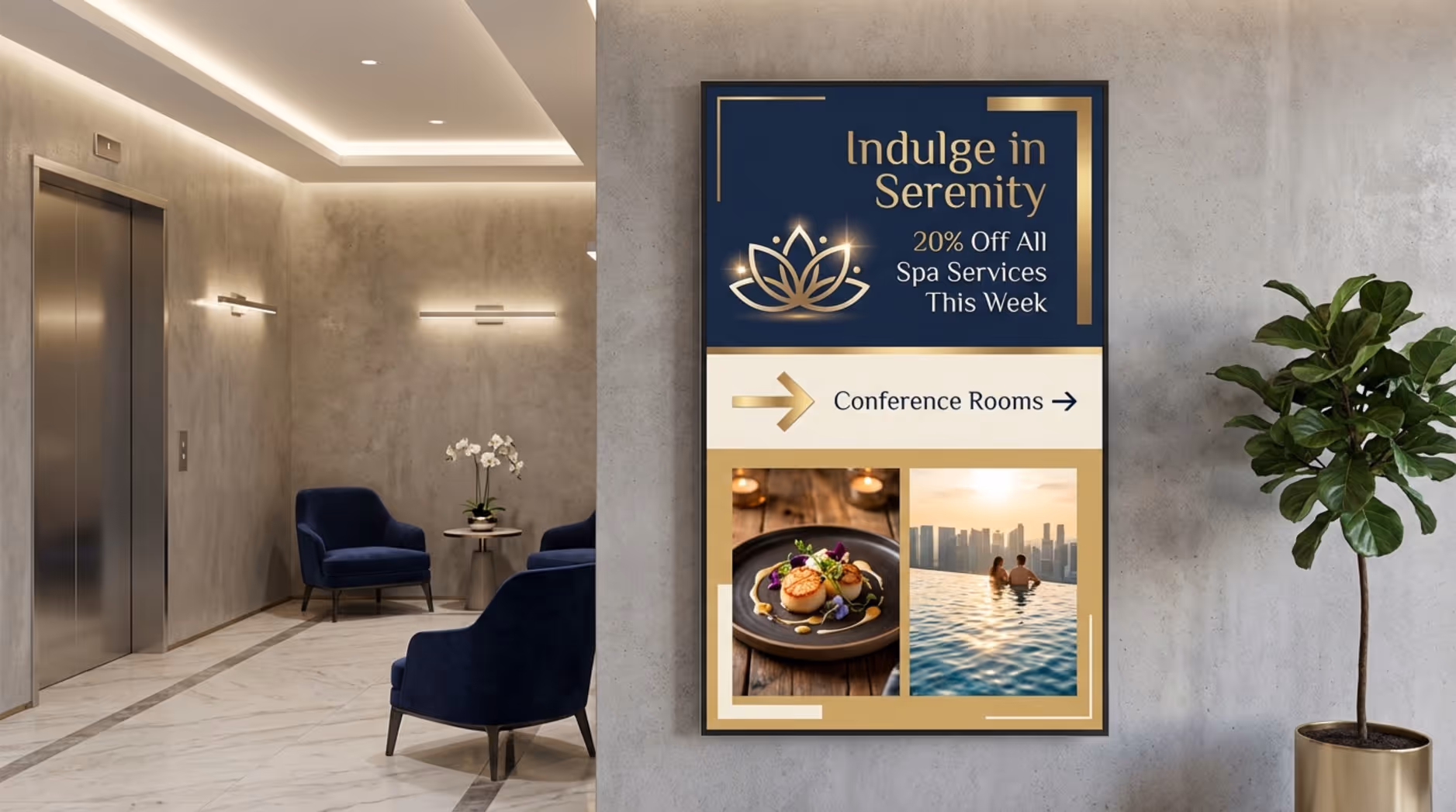 Stylized illustration of a hotel elevator lobby digital signage screen divided into three zones with brand colors showing a spa promotion, wayfinding arrow, and photos of the restaurant and pool.