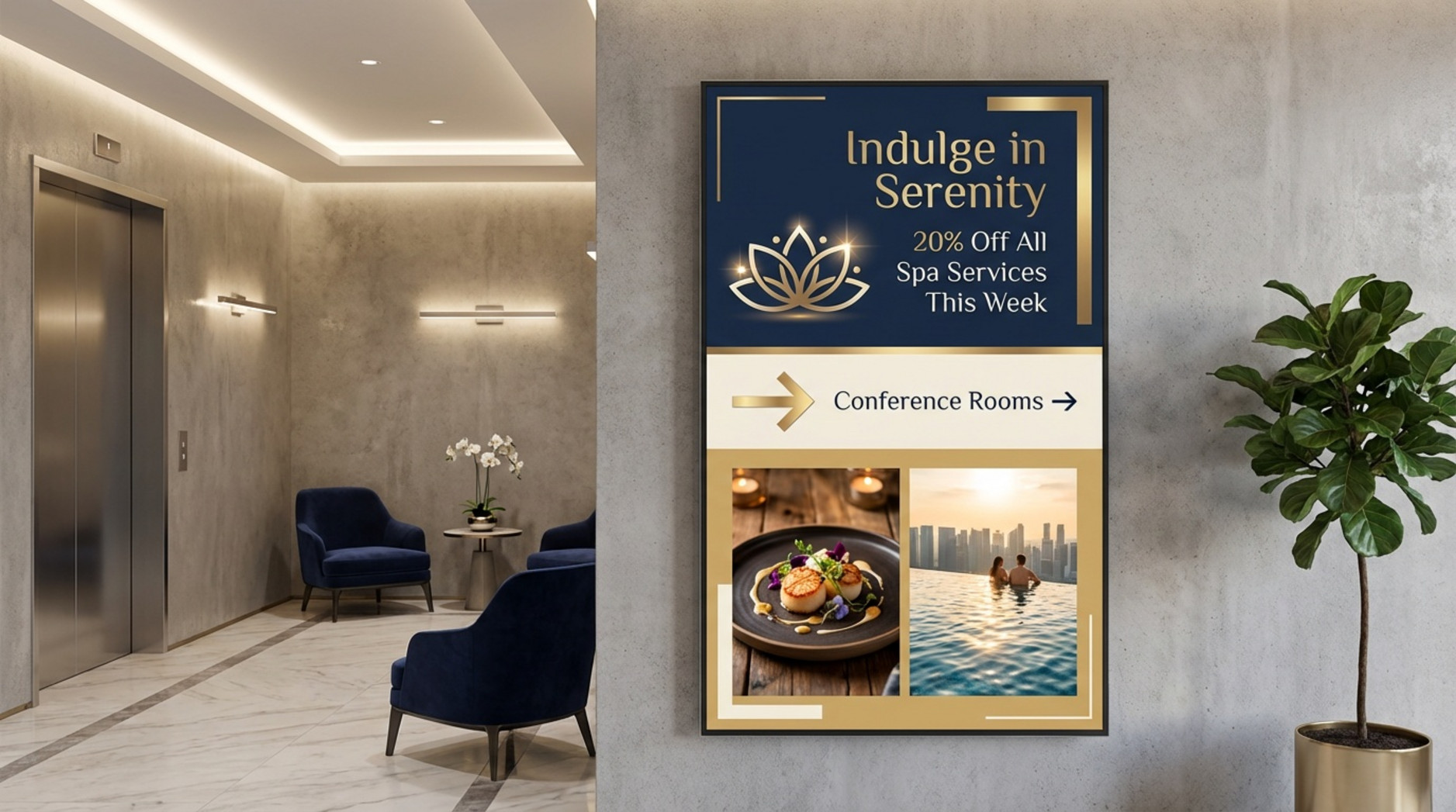 Stylized illustration of a hotel elevator lobby digital signage screen divided into three zones with brand colors showing a spa promotion, wayfinding arrow, and photos of the restaurant and pool.
