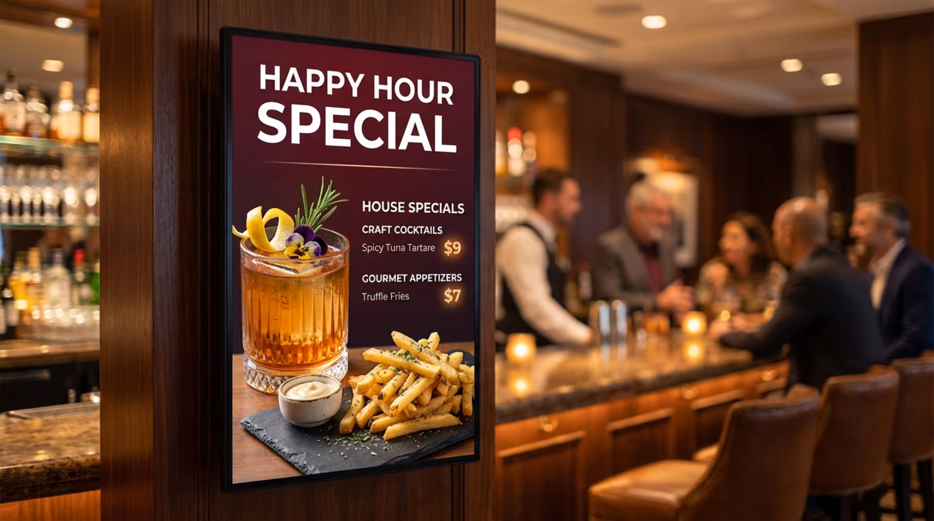 A digital menu board advertising happy hour specials next to a cozy hotel bar with colorful cocktails and appetizers.