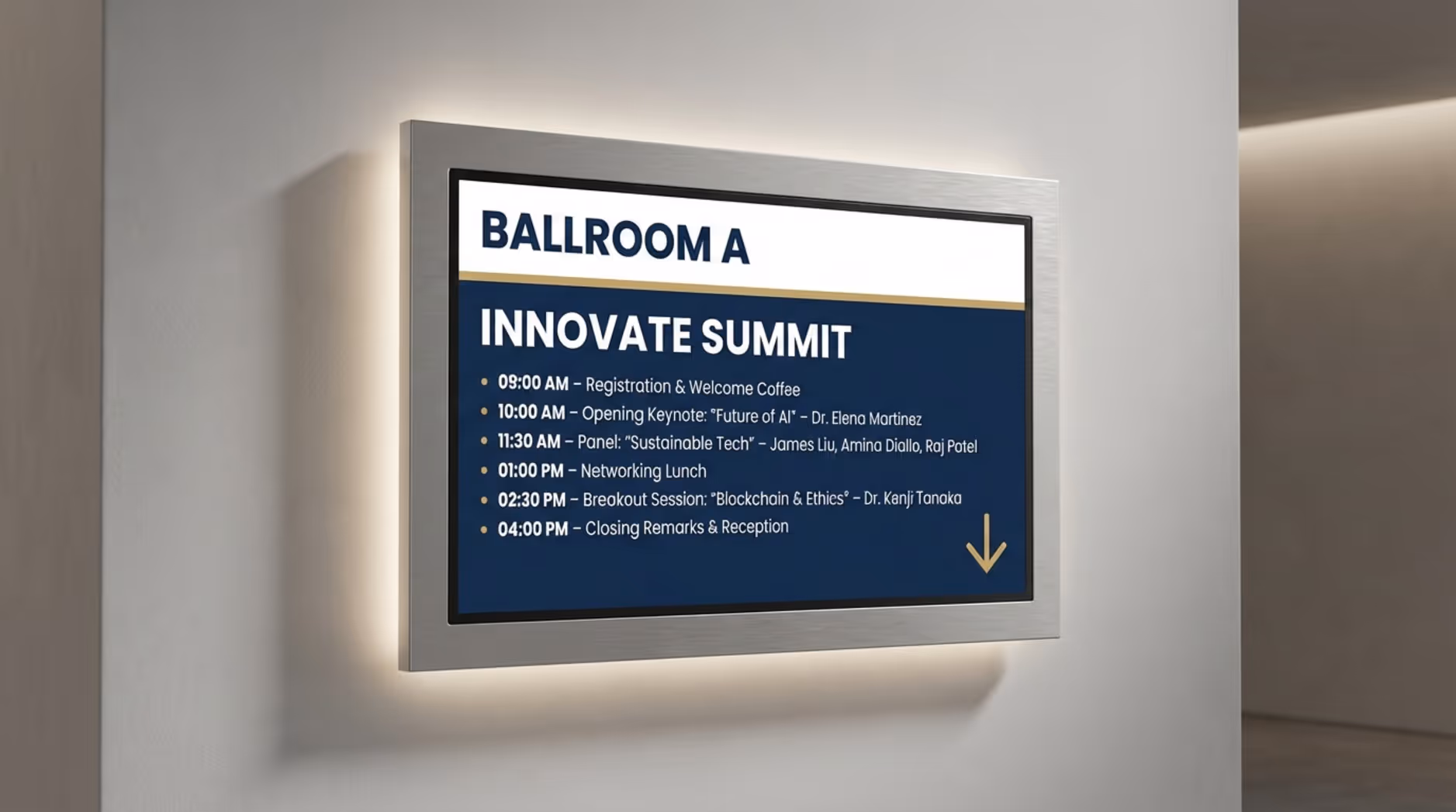A professional digital sign outside a conference room displaying the agenda for the Innovate 2024 Summit with session details and a directional arrow.