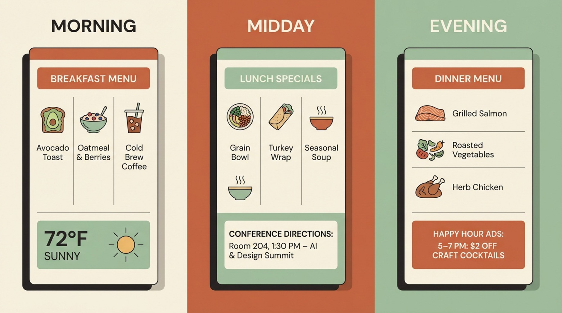 A triptych illustration depicting a digital screen at morning midday and evening showing different menus and schedules in a flat graphic style.
