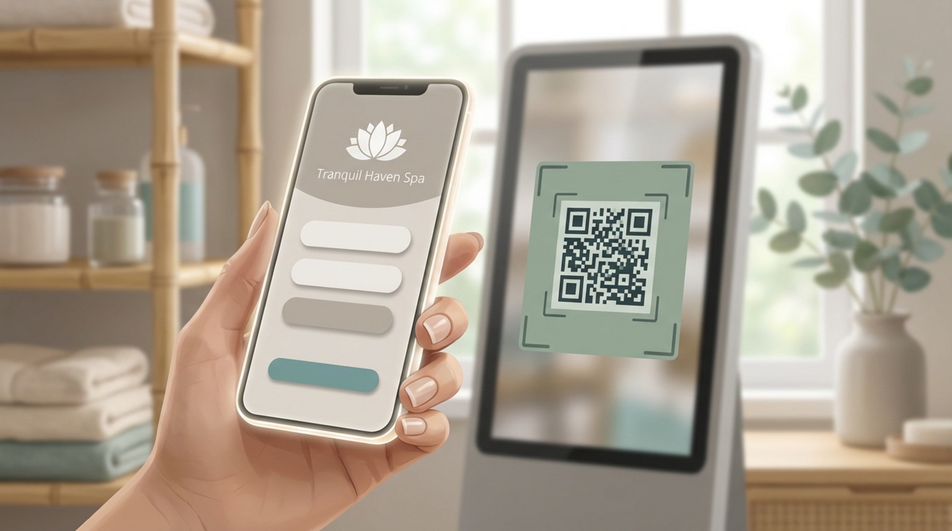 A hand holds a smartphone scanning a QR code on a digital screen in a spa's retail area, emphasizing modern wellness technology.