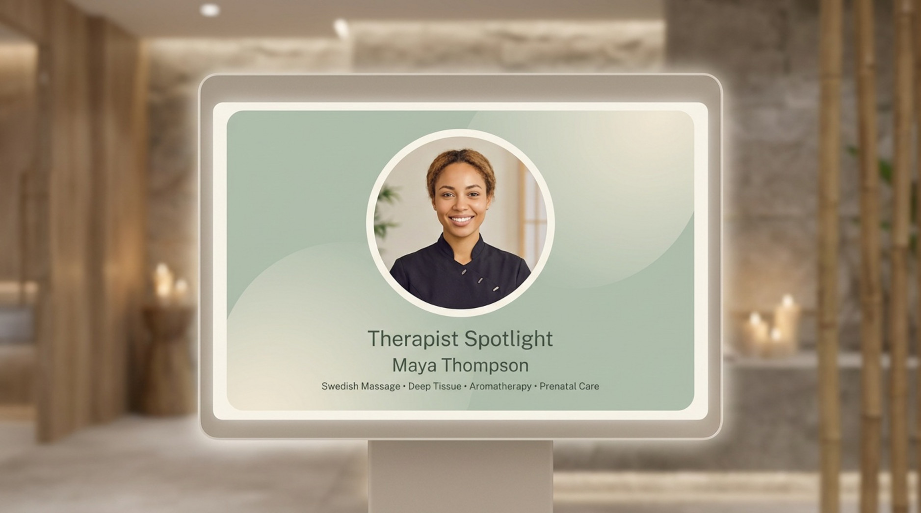A digital screen in a spa displaying a therapist spotlight with a friendly female massage therapist's headshot and specialties in soft branded colors.
