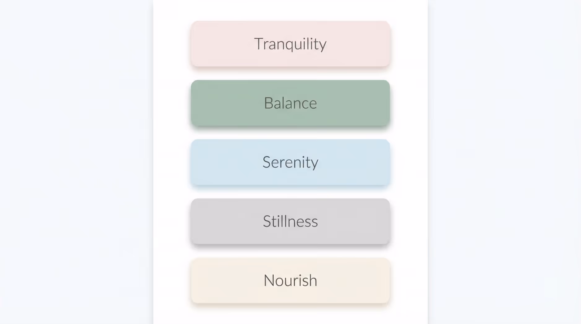 Minimalist infographic displaying a spa-appropriate color palette with five soft-edged swatches labeled with words like Serenity and Balance.