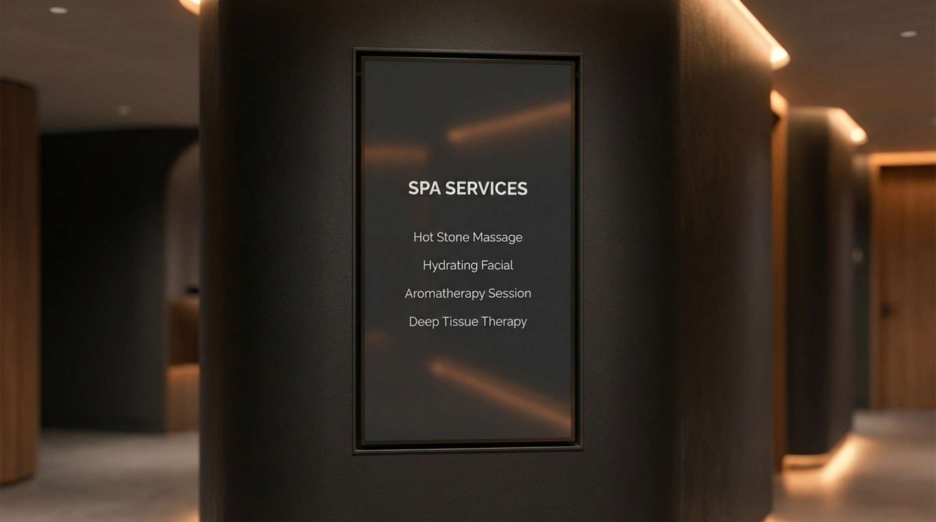 Close-up of a digital signage screen displaying a minimalist service menu in a spa hallway.