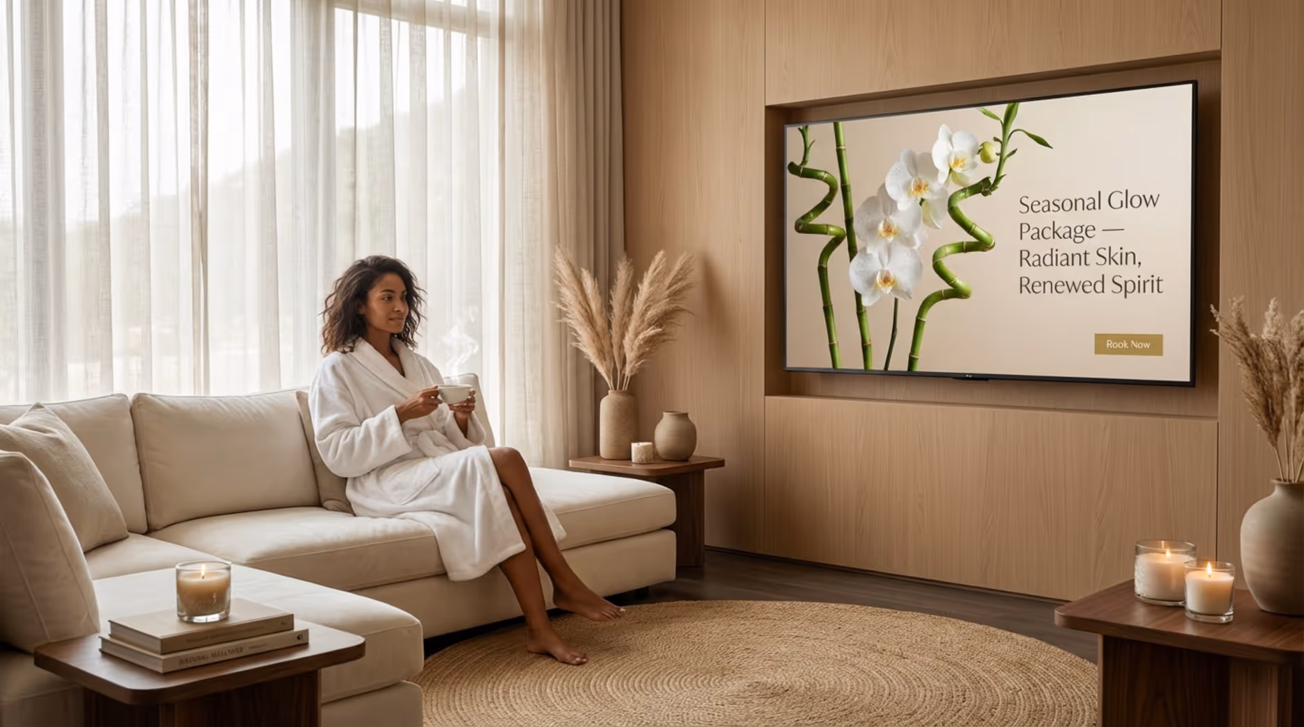 A woman relaxing in a luxurious spa lounge while viewing a digital display promoting a seasonal glow package with orchids and bamboo for a calming atmosphere.