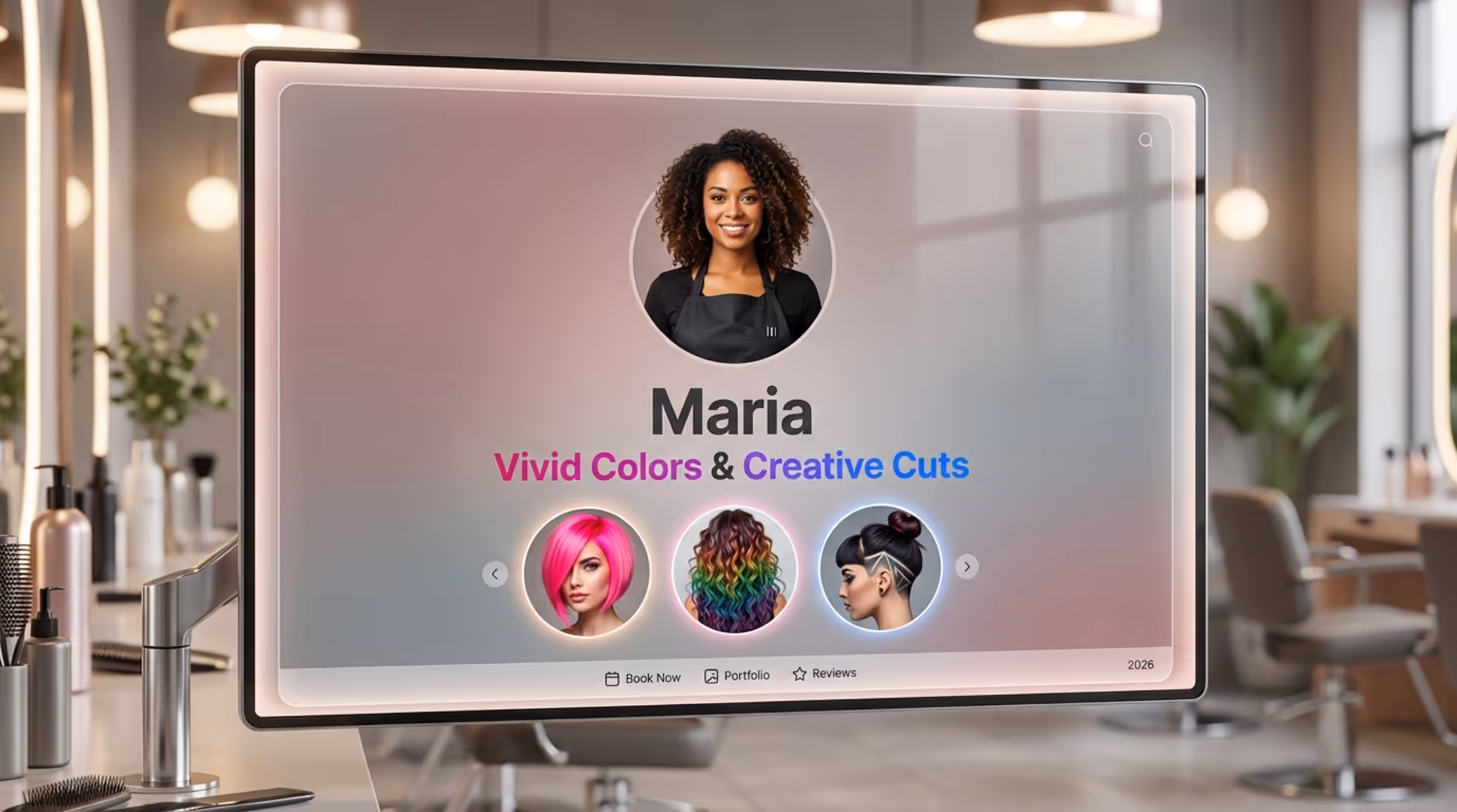 A digital illustration of a stylist's screen displaying Maria's professional profile with her headshot, specialties, and portfolio gallery.