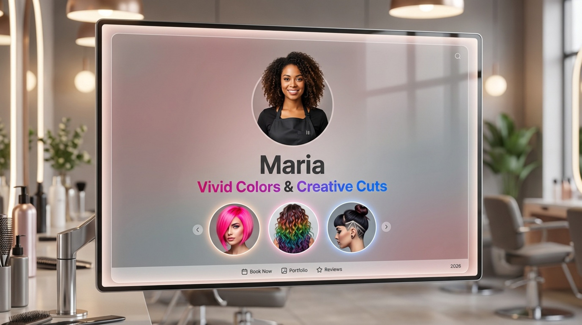 A digital illustration of a stylist's screen displaying Maria's professional profile with her headshot, specialties, and portfolio gallery.