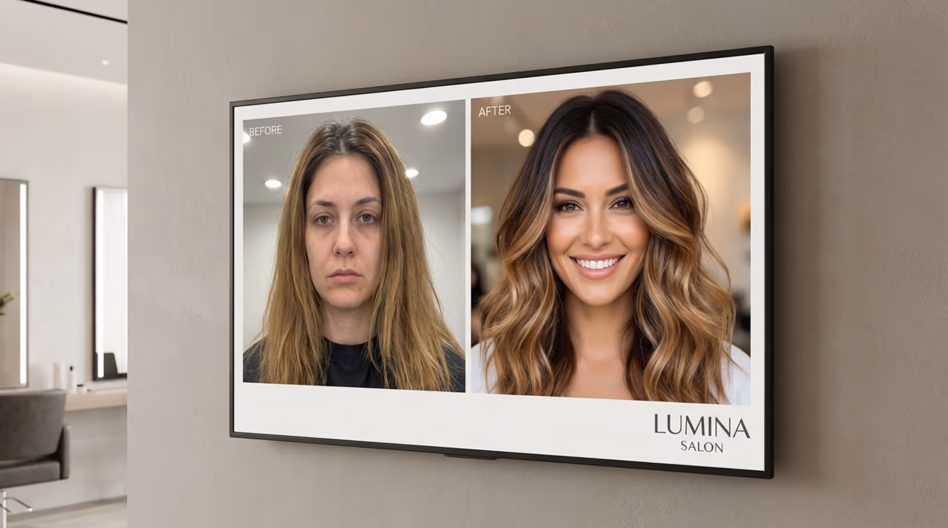 A professional illustration of a digital salon display showing a split-screen of a hair transformation with a before and after comparison.