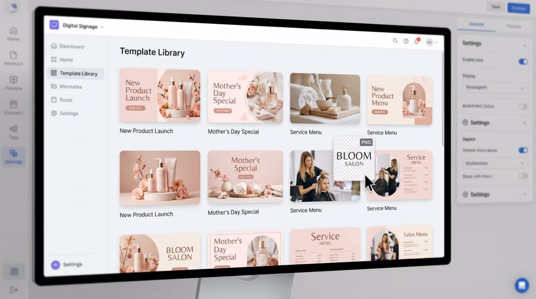 A screenshot of a digital signage interface displaying a template library with beauty promotion templates and a cursor dragging a salon logo.