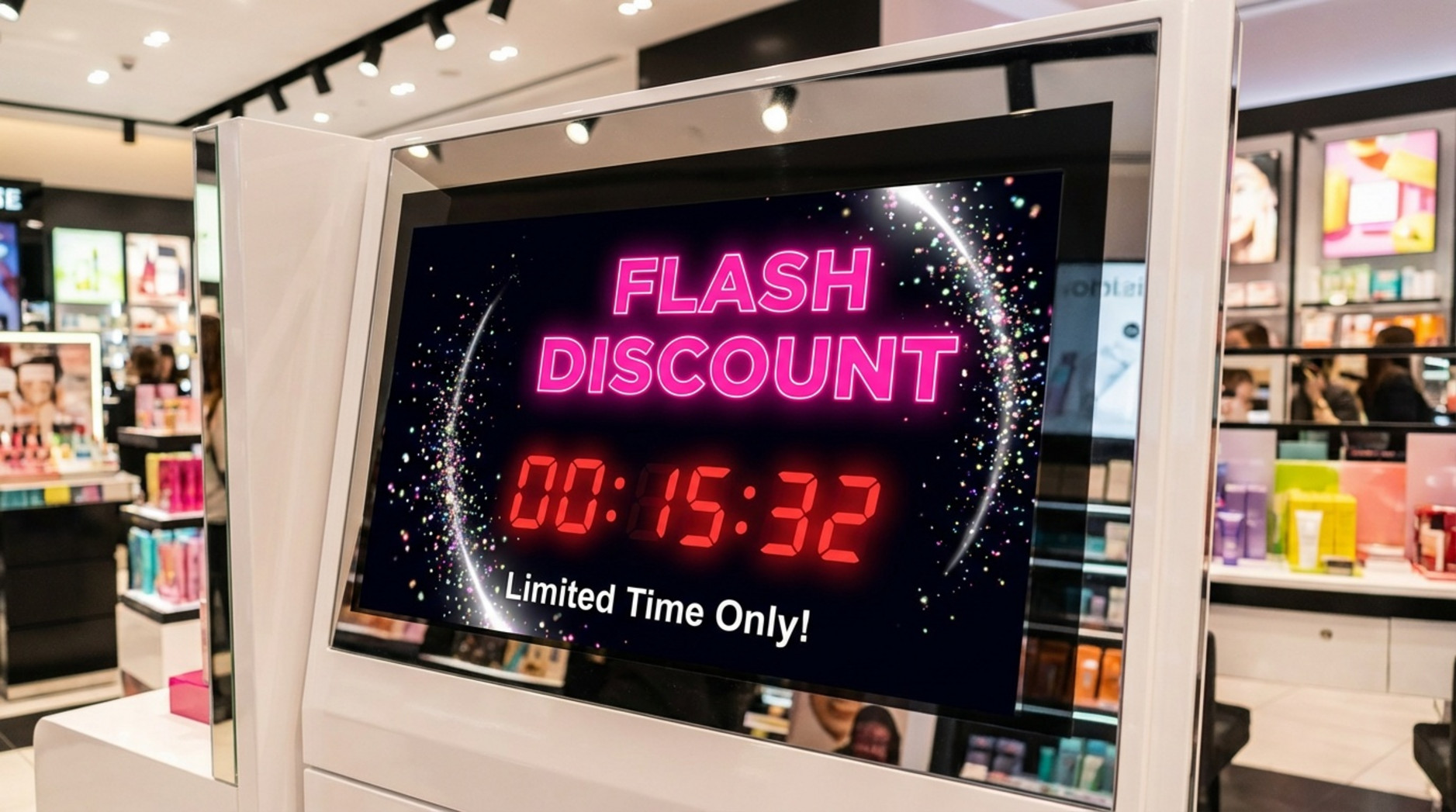 Close-up of a digital screen in a beauty store displaying a flash discount with a countdown timer and sparkling effects.