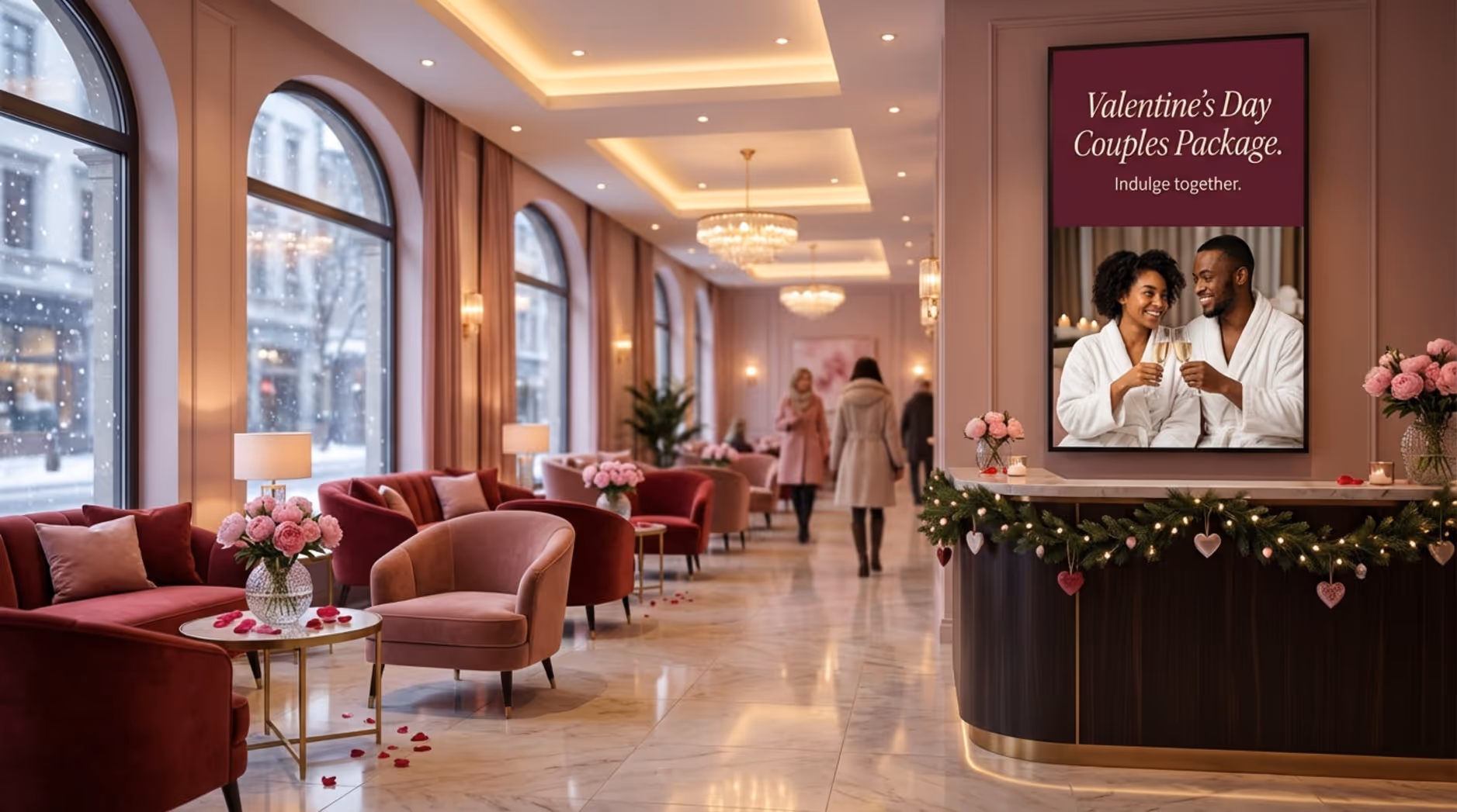 A luxurious salon decorated for winter holidays with a digital screen promoting a Valentine's Day couples package and romantic decor.