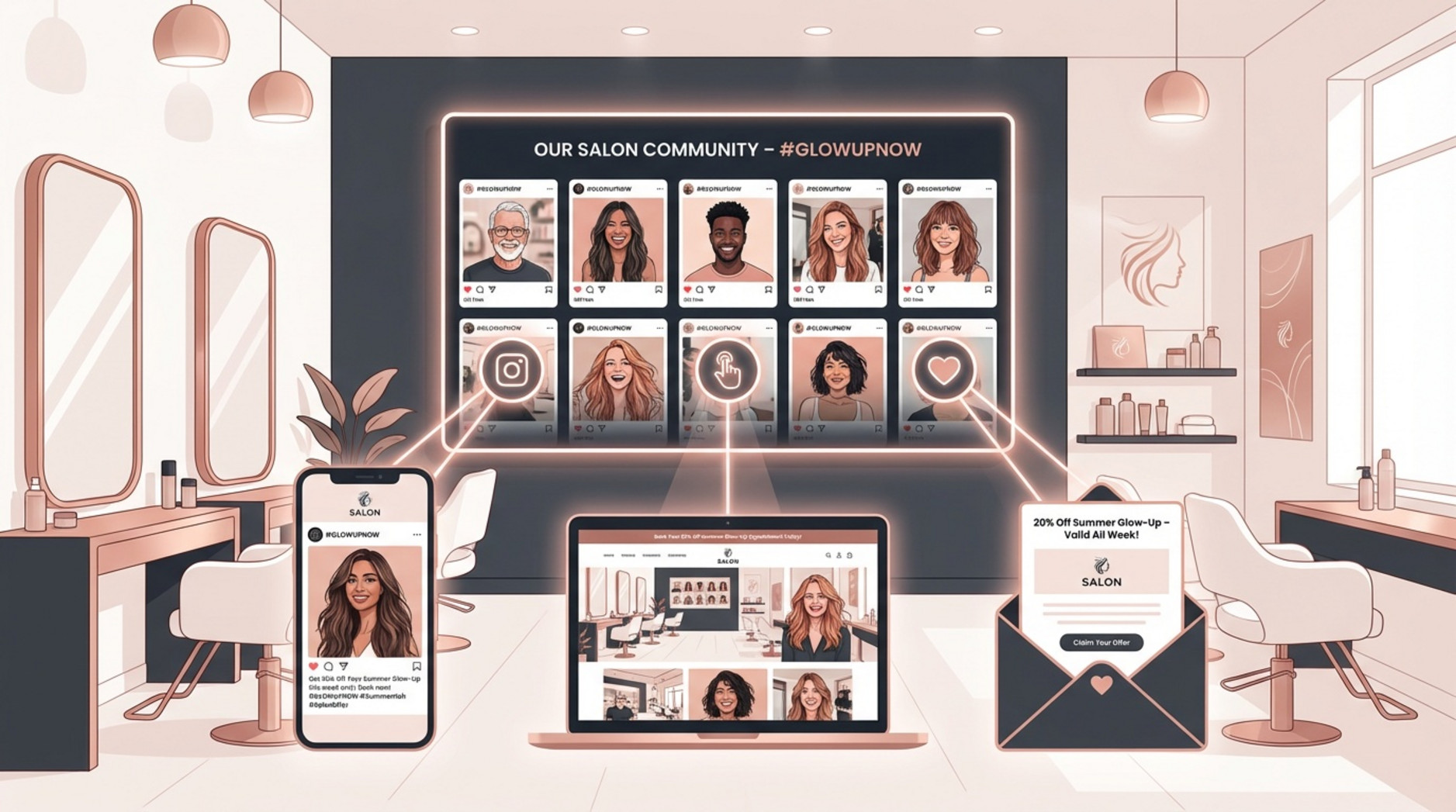 Stylish illustration of marketing channels unified around a digital screen in a salon showing a social media feed, with icons for social media, website, and email radiating outward to represent a seamless customer experience.