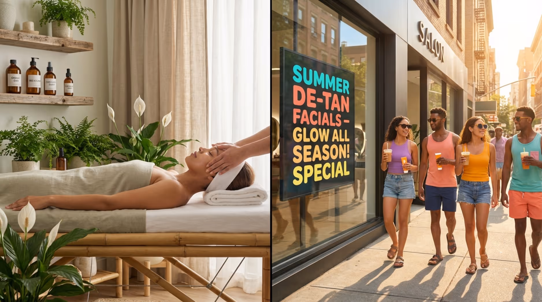 Split-screen image showing a relaxing spa on Earth Day and a summer facial advertisement in a salon window.