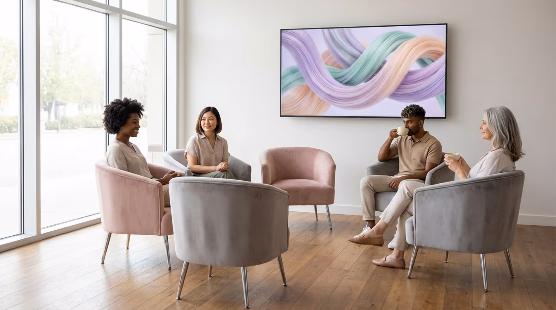 A modern salon waiting area with stylish chairs and a digital screen showing calming abstract hair textures to relax clients.