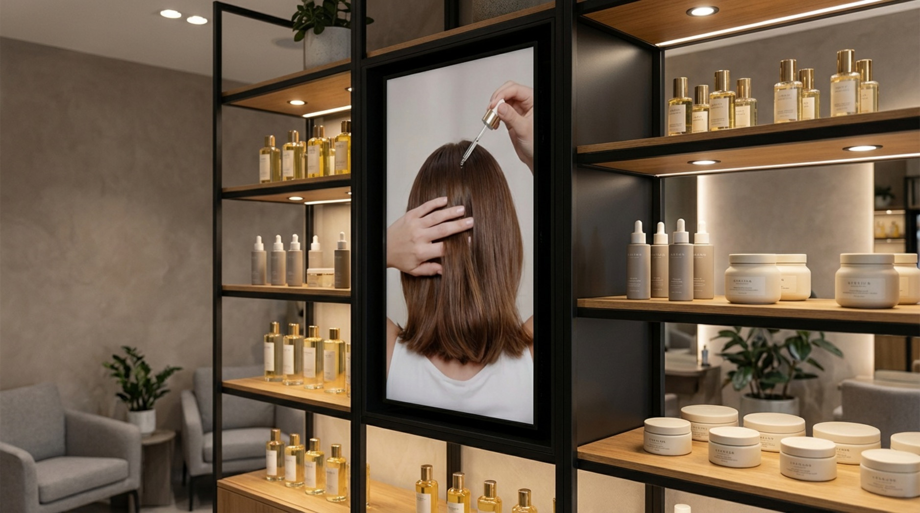 A luxurious salon retail area with sleek shelves and a digital screen displaying a hair serum application demonstration.