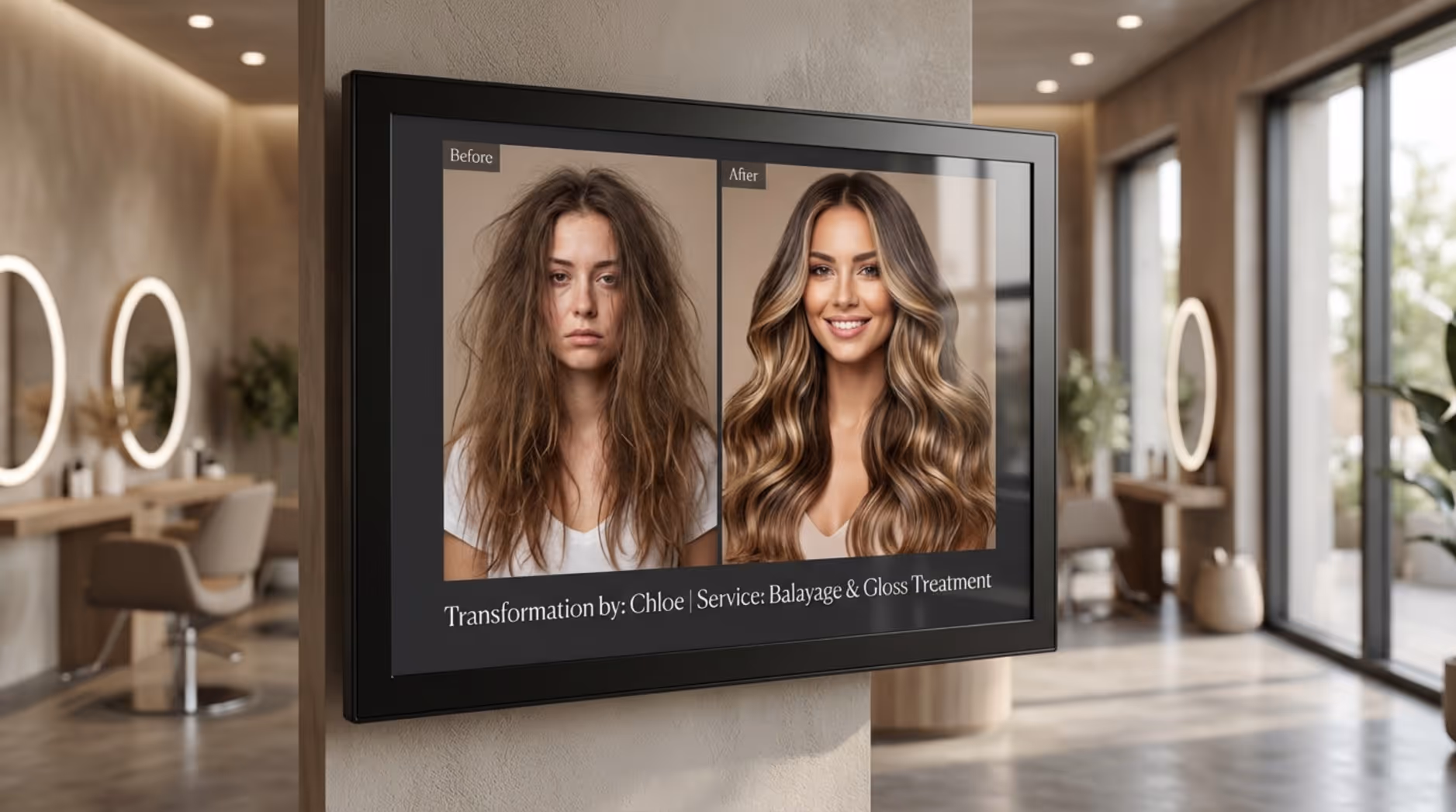 A digital screen in a salon displaying a before-and-after hair transformation with sleek balayage and frizzy hair comparison.