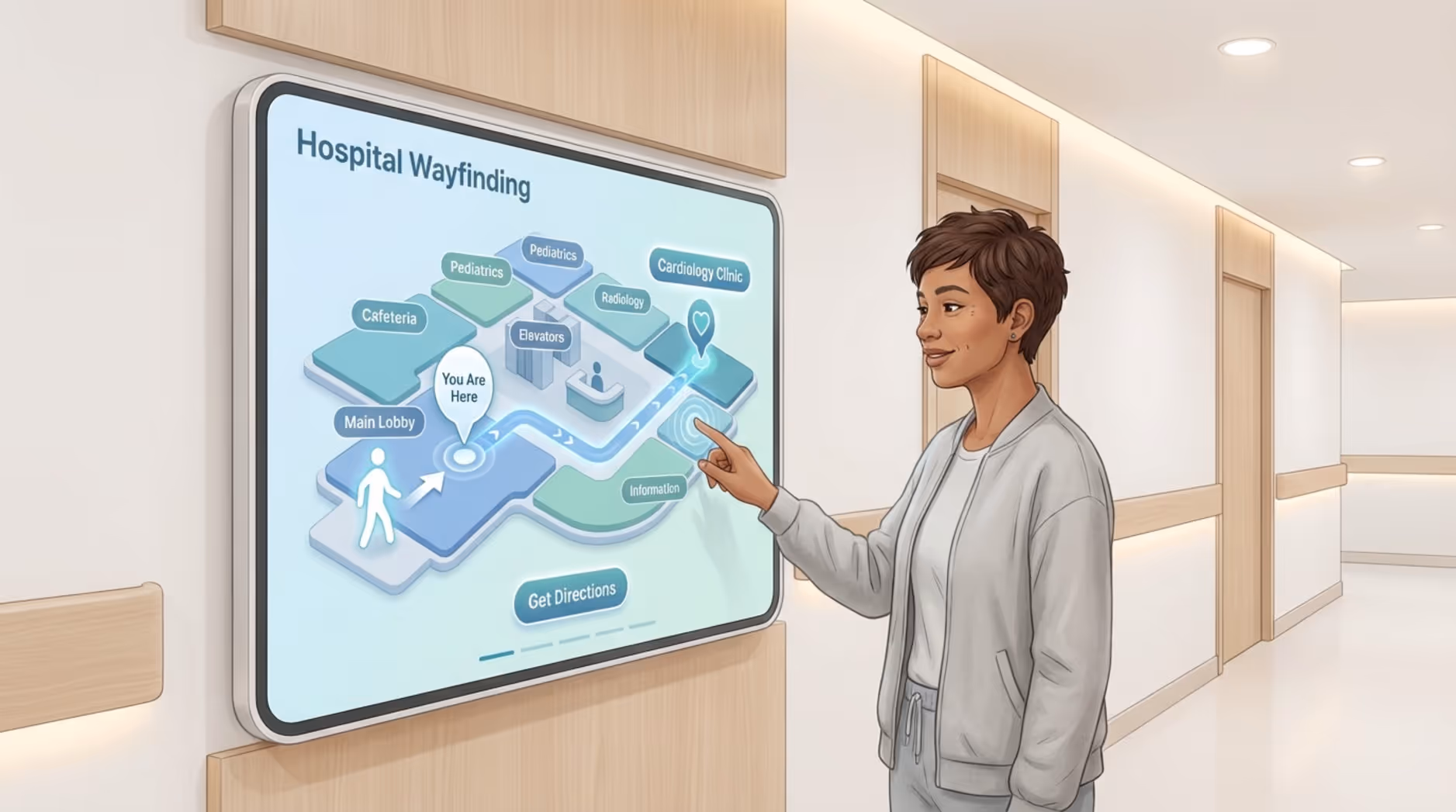 A modern infographic of an interactive hospital wayfinding kiosk displaying a 3D map with navigation to the cardiology clinic.