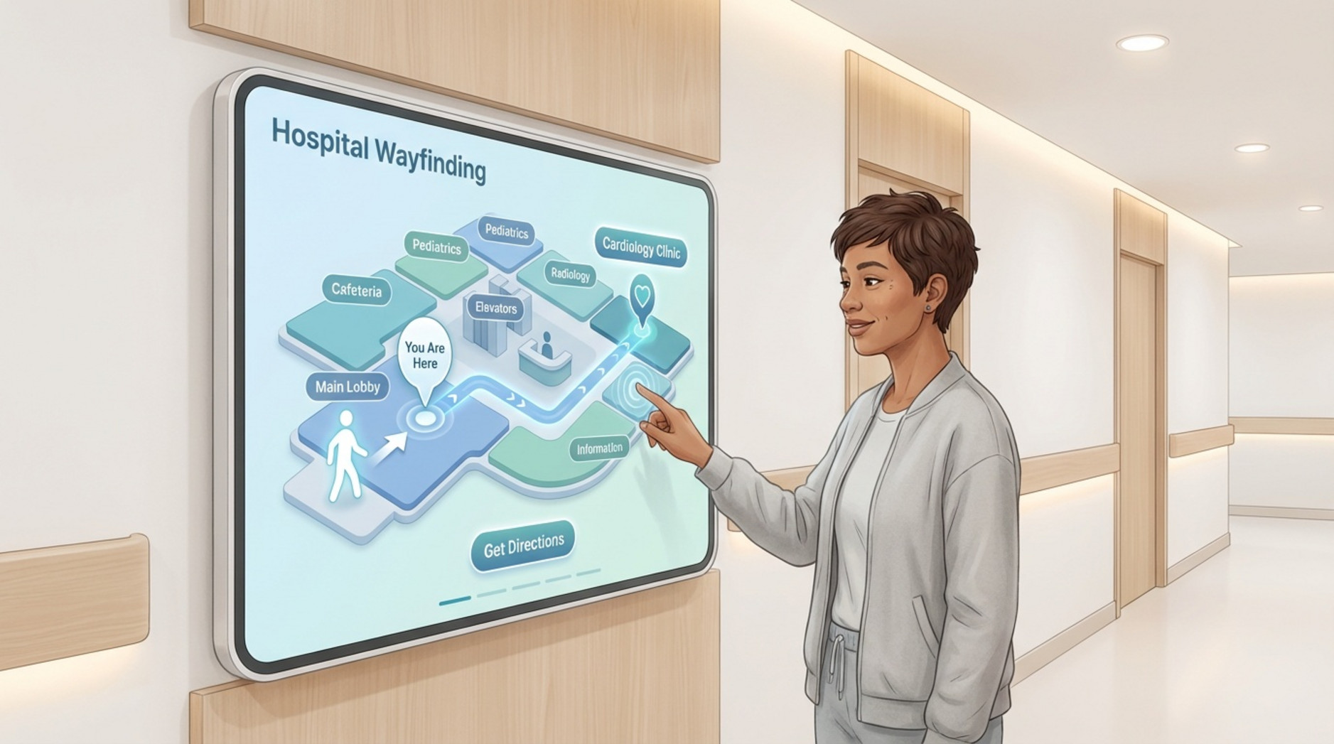 A modern infographic of an interactive hospital wayfinding kiosk displaying a 3D map with navigation to the cardiology clinic.