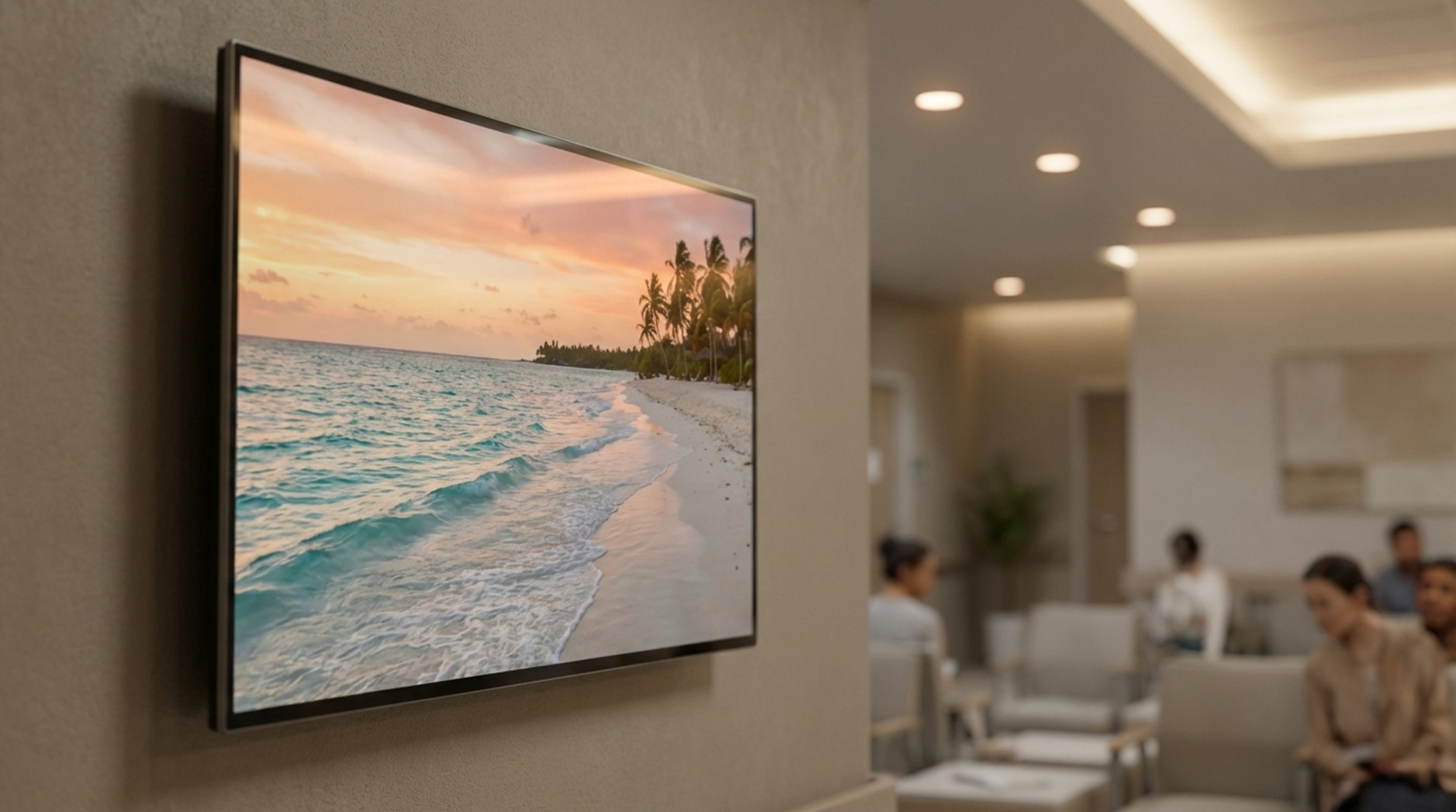 A digital screen in a hospital waiting area displays a serene beach at sunset to create a calming atmosphere.