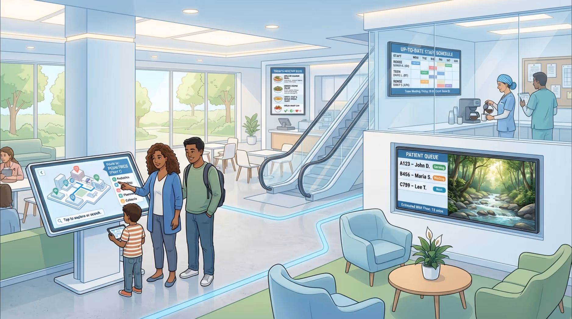 Infographic illustrating various digital signage types in a hospital including wayfinding, waiting room displays, menu boards, and staff communication screens.