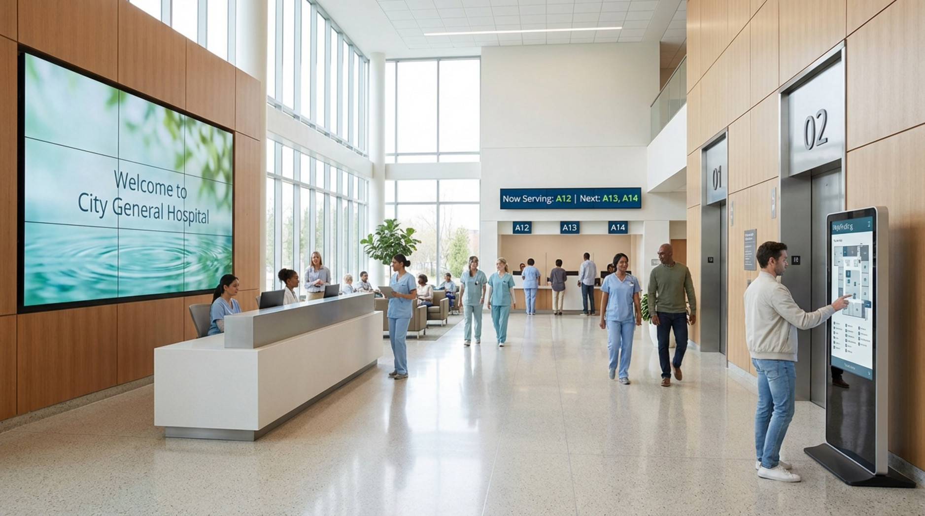 Photorealistic view of a modern hospital lobby showing digital signage for navigation and information, with a welcoming atmosphere and diverse visitors.