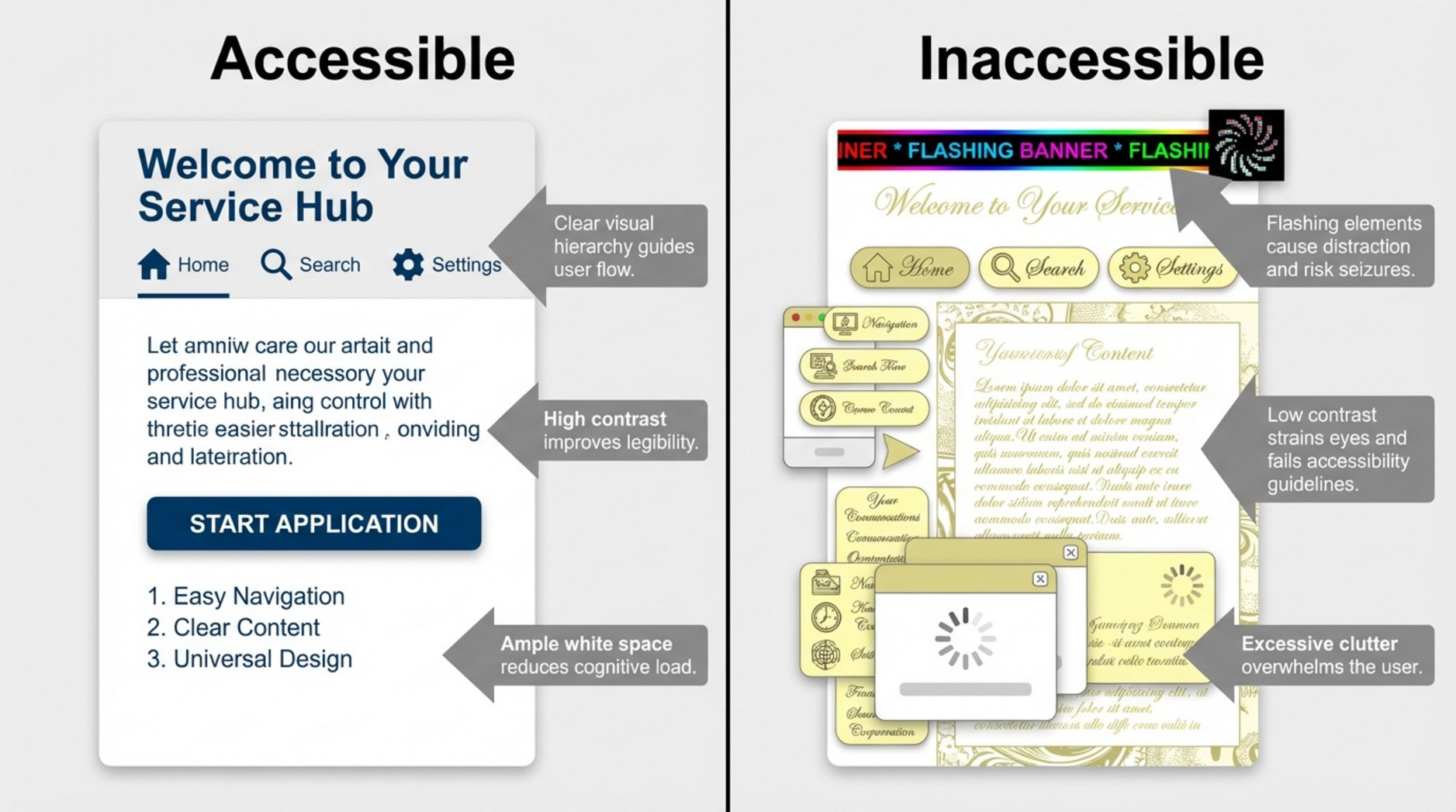 Infographic contrasting accessible and inaccessible digital screen designs highlighting readability features and issues.