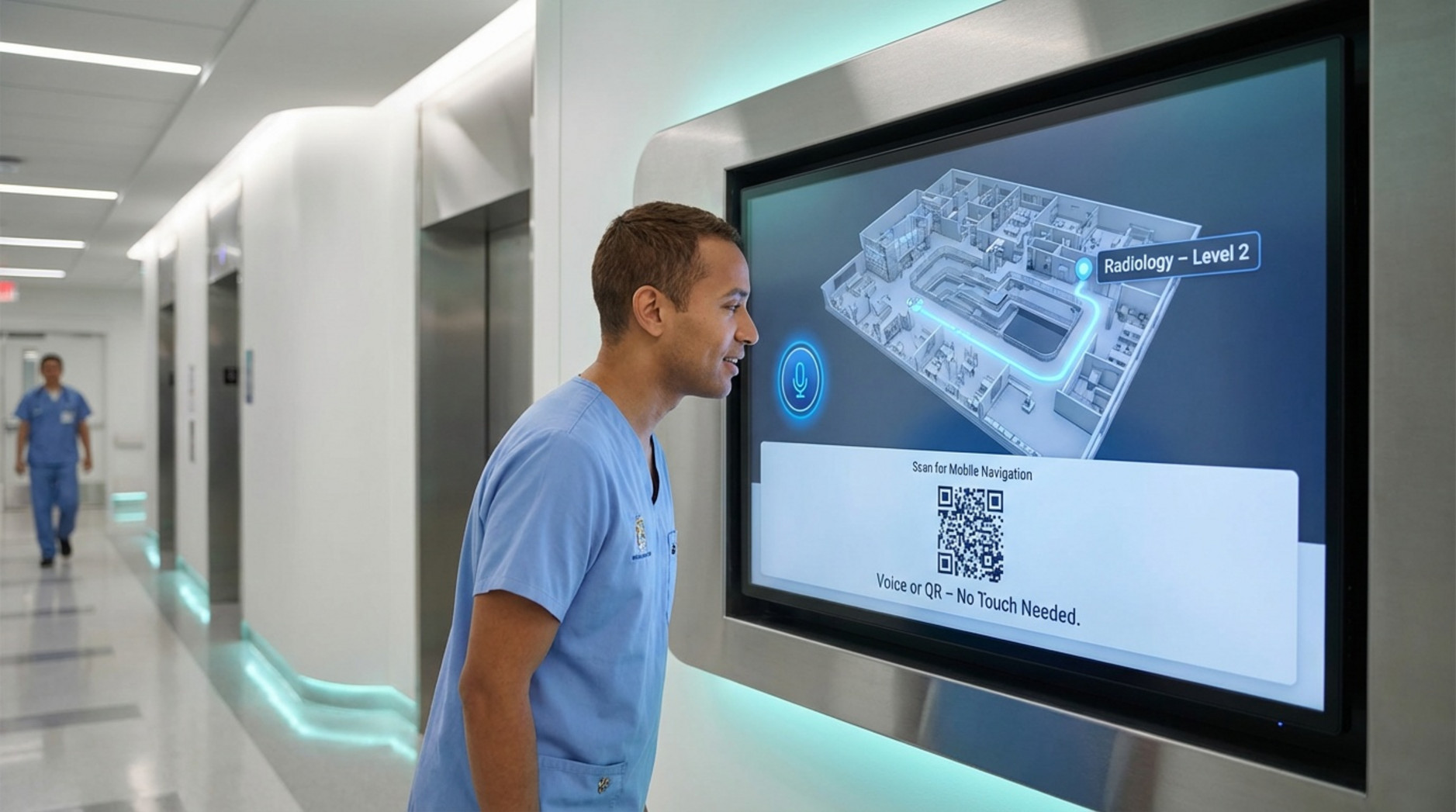 A person interacts with a digital wayfinding kiosk in a modern hospital corridor, highlighting touchless navigation technology.