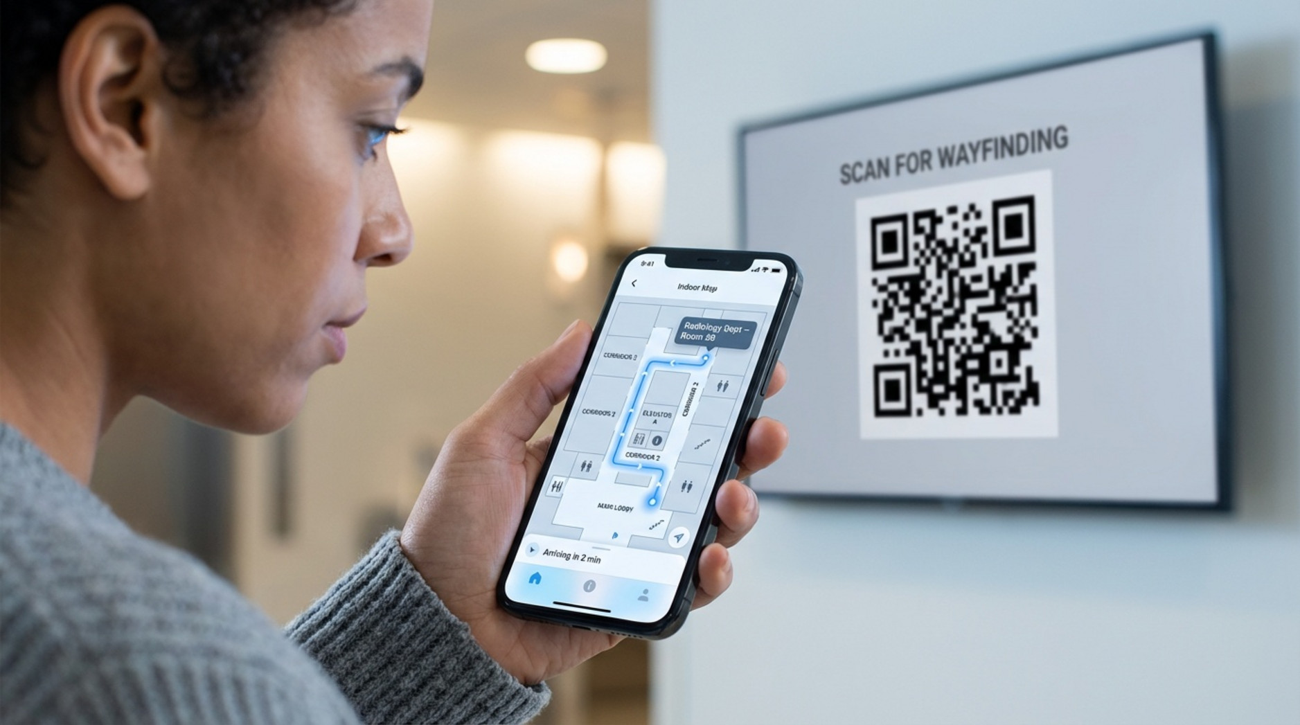 A person holds a smartphone displaying a hospital map with a glowing route, linking digital directions to physical signage.
