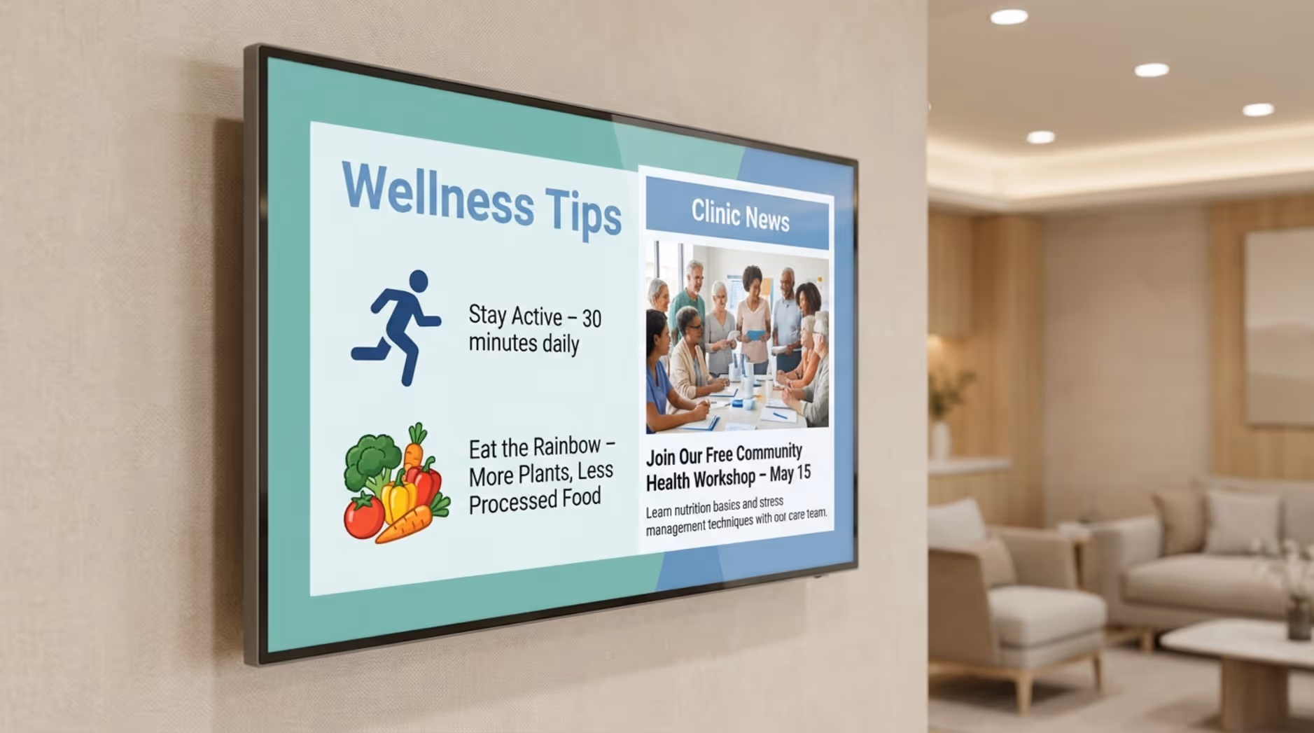 Photorealistic close-up of a digital signage screen in a hospital lobby displaying wellness tips and clinic news with a calming color palette.