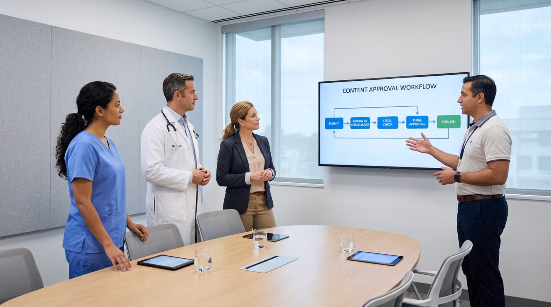 A diverse healthcare team engaged in a discussion about a content approval workflow in a modern conference room.