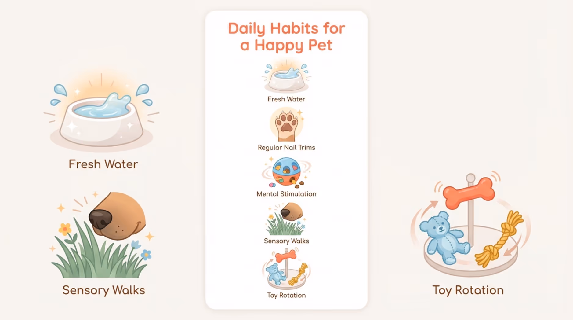 An infographic showing five pet care tips with icons for water, nails, feeding, sniffing, and toys in a friendly flat design.