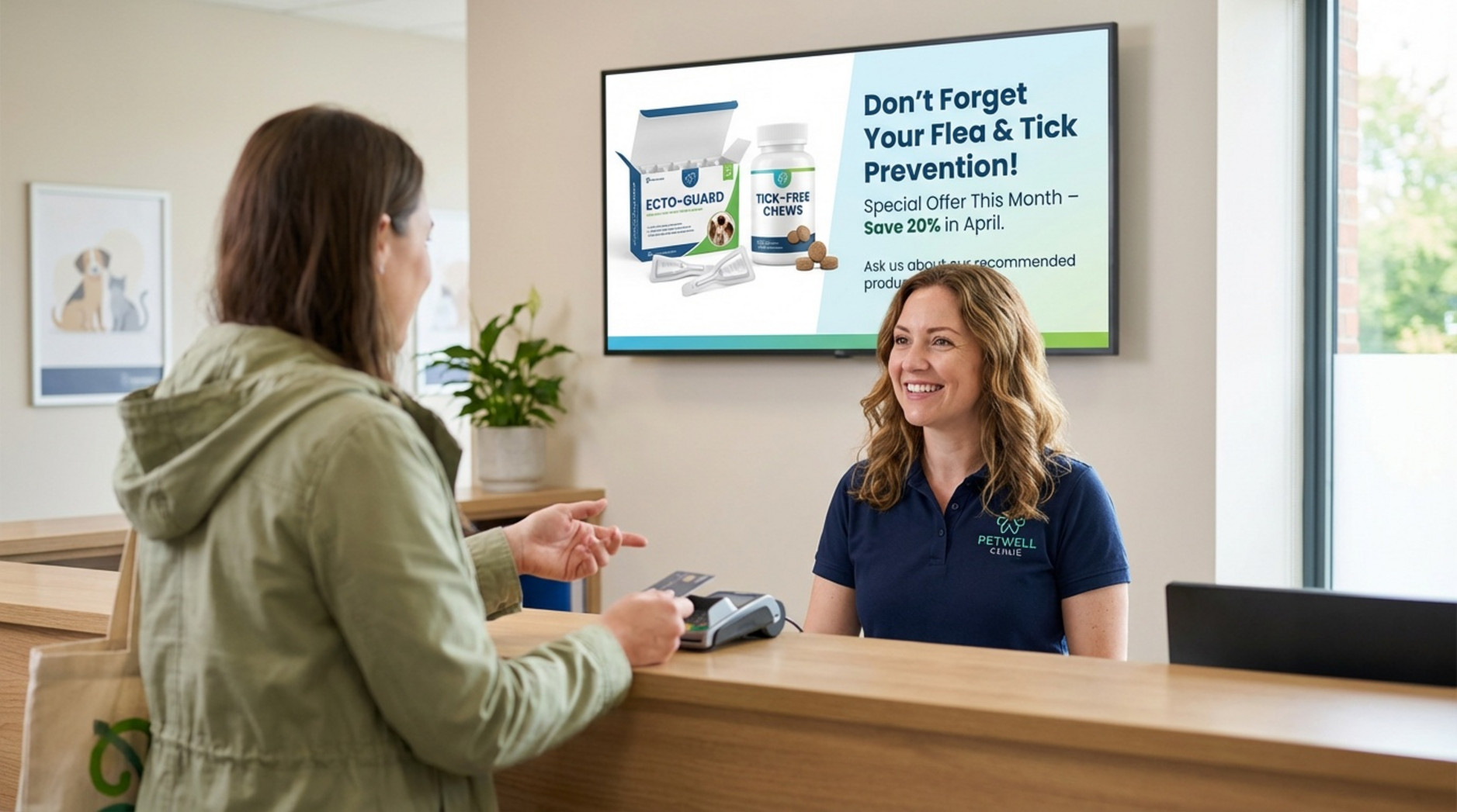 A photorealistic scene at a veterinary clinic checkout with a digital screen displaying a flea and tick prevention promotion and product images.