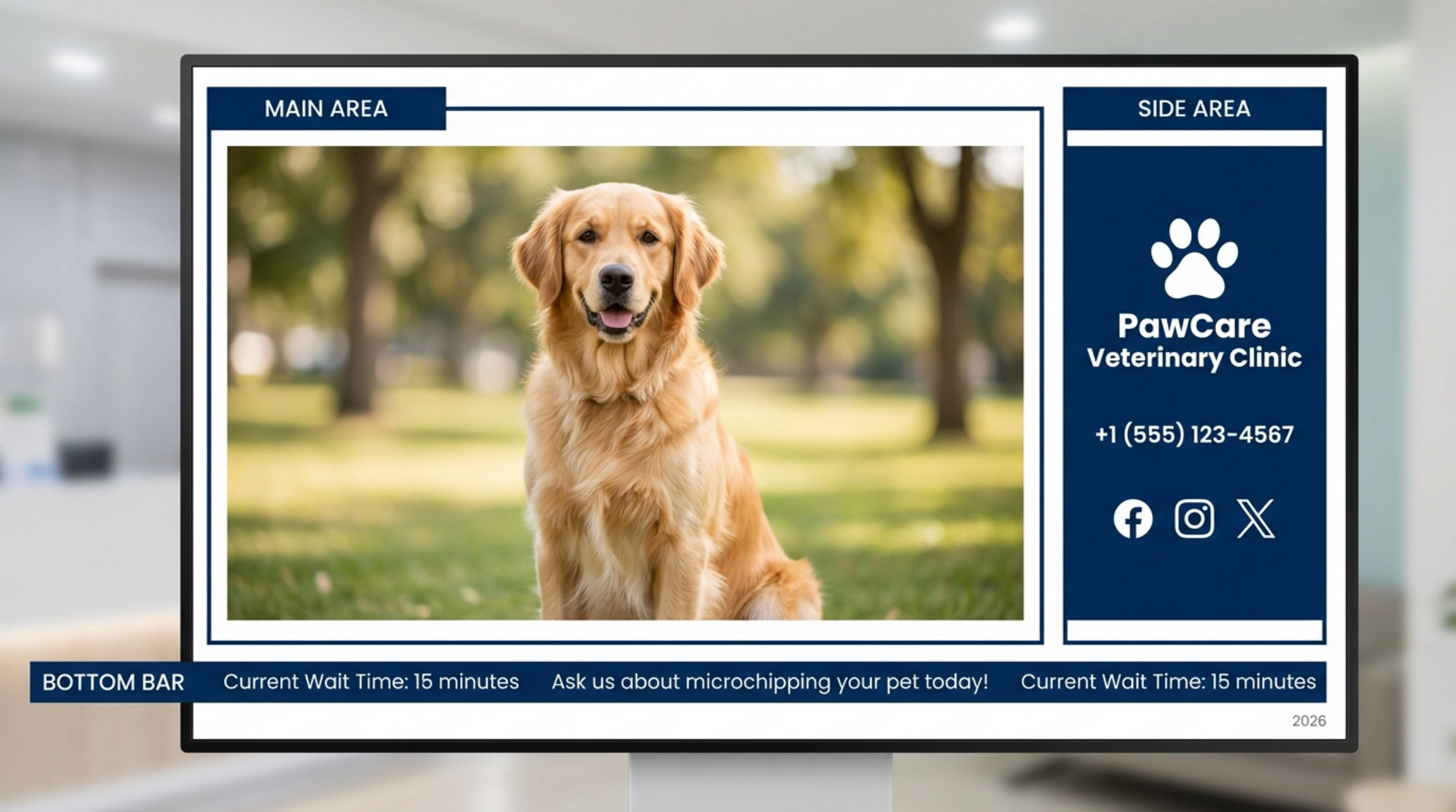 A professional diagram showing a veterinary digital signage screen with three zones including a large dog photo, clinic logo and contact info, and a scrolling ticker with current wait time and messages.